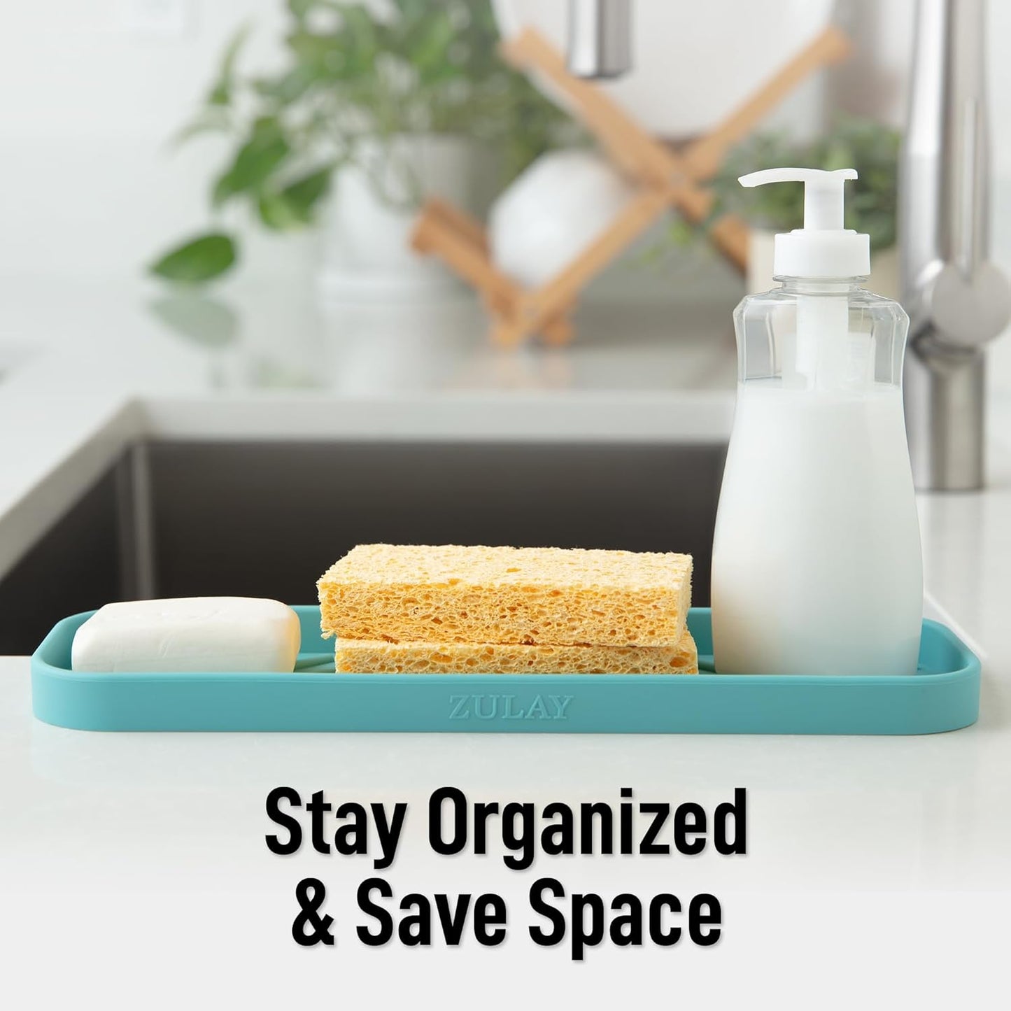Zulay Large Silicone Sponge Holder (12x4) – Flexible Sink Organizer Tray for Kitchen & Bathroom – Multipurpose Soap Dish for Sponges, Makeup, Trinkets & More (Aqua Sky)