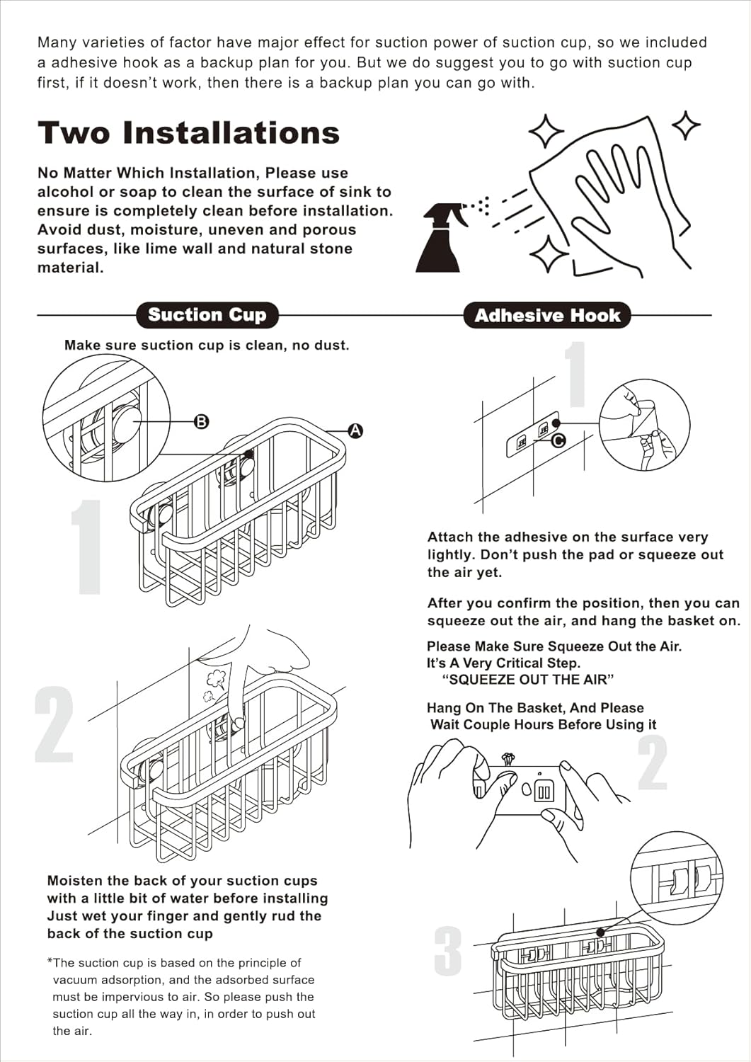 SunnyPoint NeverRust Deluxe Kitchen & Bathroom Sink Sponge Holder Organizer with Adhesive Mount - Additional Suction Cup Included – Sponge & Brush NOT Included – 7.4 x 3.3 x 2.75 Inch, BLK