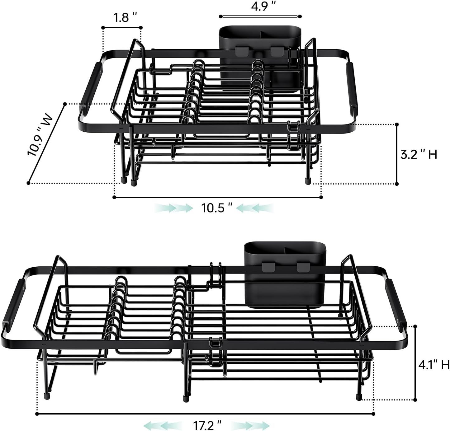 Dish Drying Rack in Sink - Expandable (14.5''-18''L) Over The Sink Dish Rack with Utensil Holder, Space-Saving Dish Drainer for Kitchen Counter, 1 Piece, Matte Black