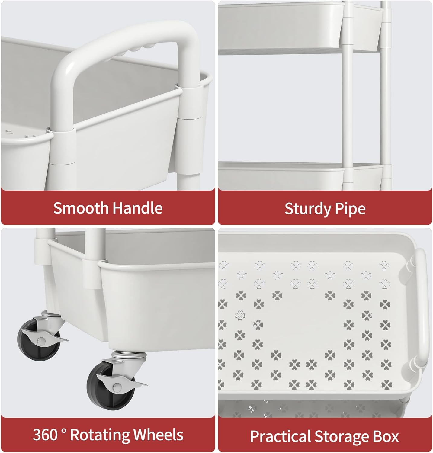 Sywhitta 3-Tier Plastic Rolling Utility Cart with Handle, Multi-Functional Storage Trolley for Office, Living Room, Kitchen, Movable Storage Organizer with Wheels, White