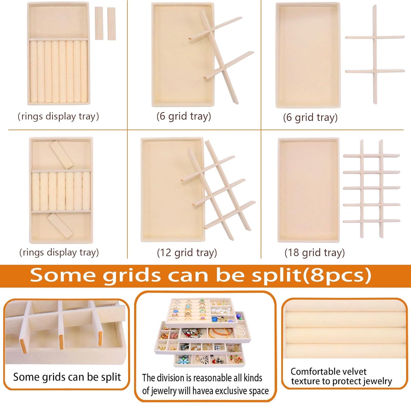 Jewelry Organizer Drawer 8 Set Jewelry Boxes Velvet Jewelry Drawer Organizer Stackable Jewelry Tray for Earring Necklace Display