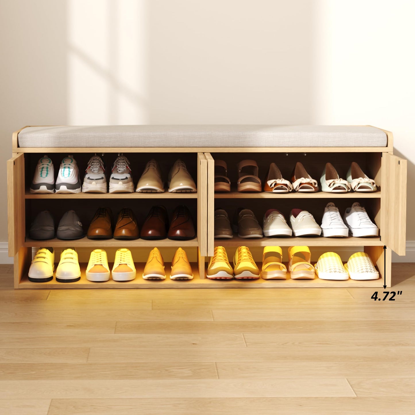 HOMEFORT 47.2" Fluted Shoe Storage Bench, Entryway Bench with Linen Seat Cushion, Shoe Cabinet