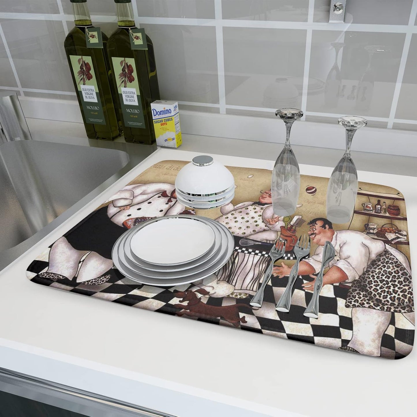 Fat Chef Dish Drying Mats for Kitchen Counter 16x18 Inch Buffalo Plaid Cooking Utensils Absorbent Dishes Drainer Mat Reversible Microfiber Quick Dry Rack Pad Chef Kitchen Drying Mat for Countertop