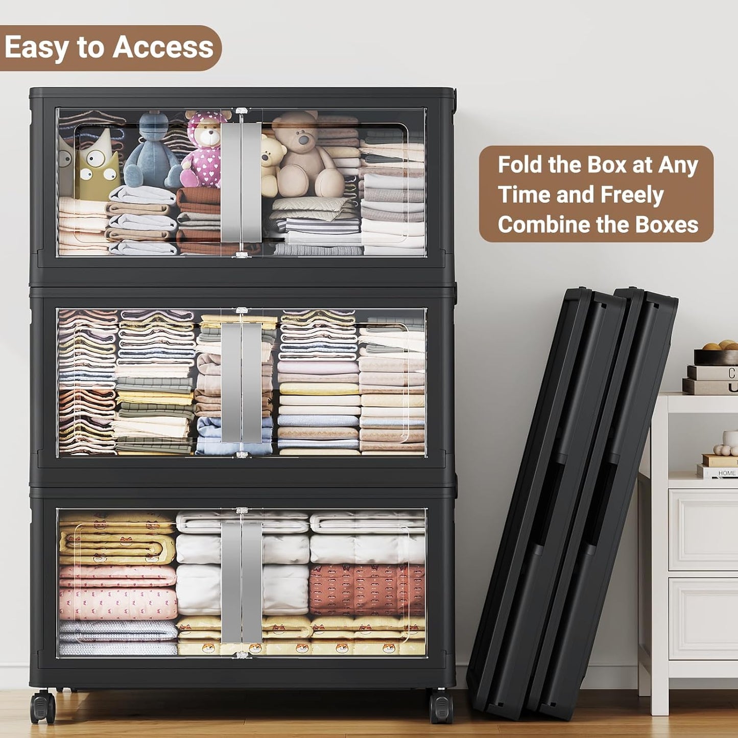 BROVIEW 800QT Stackable Storage Bins with Lids, 200Gal Extra Large Collapsible Storage Box with Wheel, Plastic Storages with Clear Door Open Front for Home Kitchen Garage, Black-5pack(5 lids)