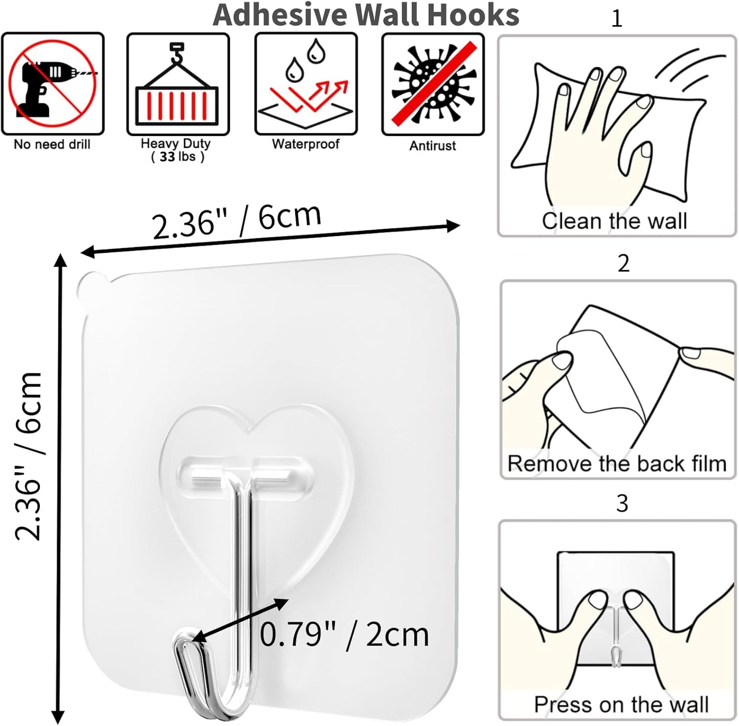 DGYB 40 Pcs Clear Adhesive Hooks for Hanging 22lb Self Adhesive Wall Hooks Heavy Duty Waterproof Transparent Sticky Hooks for Shower Home Bathroom Kitchen Office