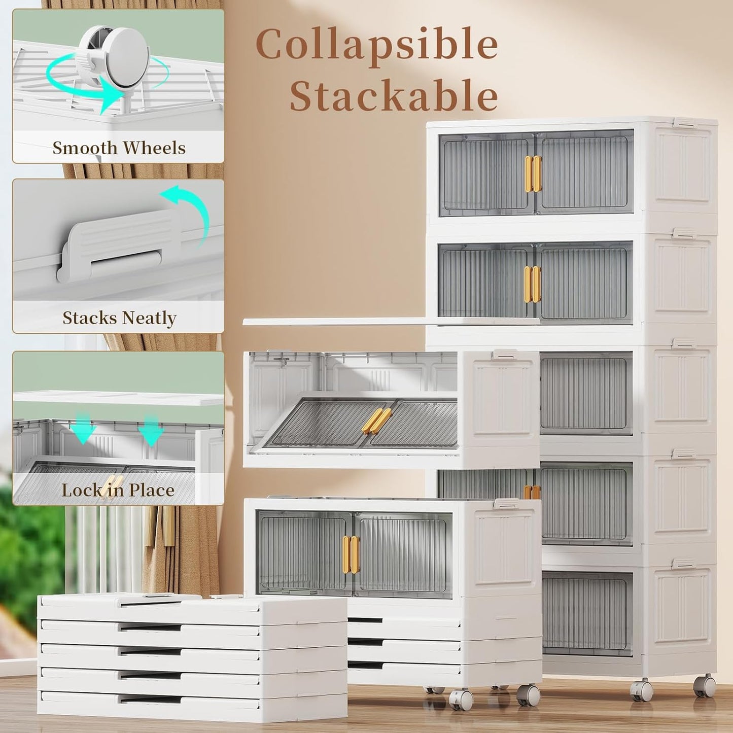 62 Gal Stackable Plastic Storage Bins with Lids 3 Tier, Collapsible Closet Organizers and Storage with Wheels for Living Room,Office,Dorm 26.8" W x 14.4" D x 37" H