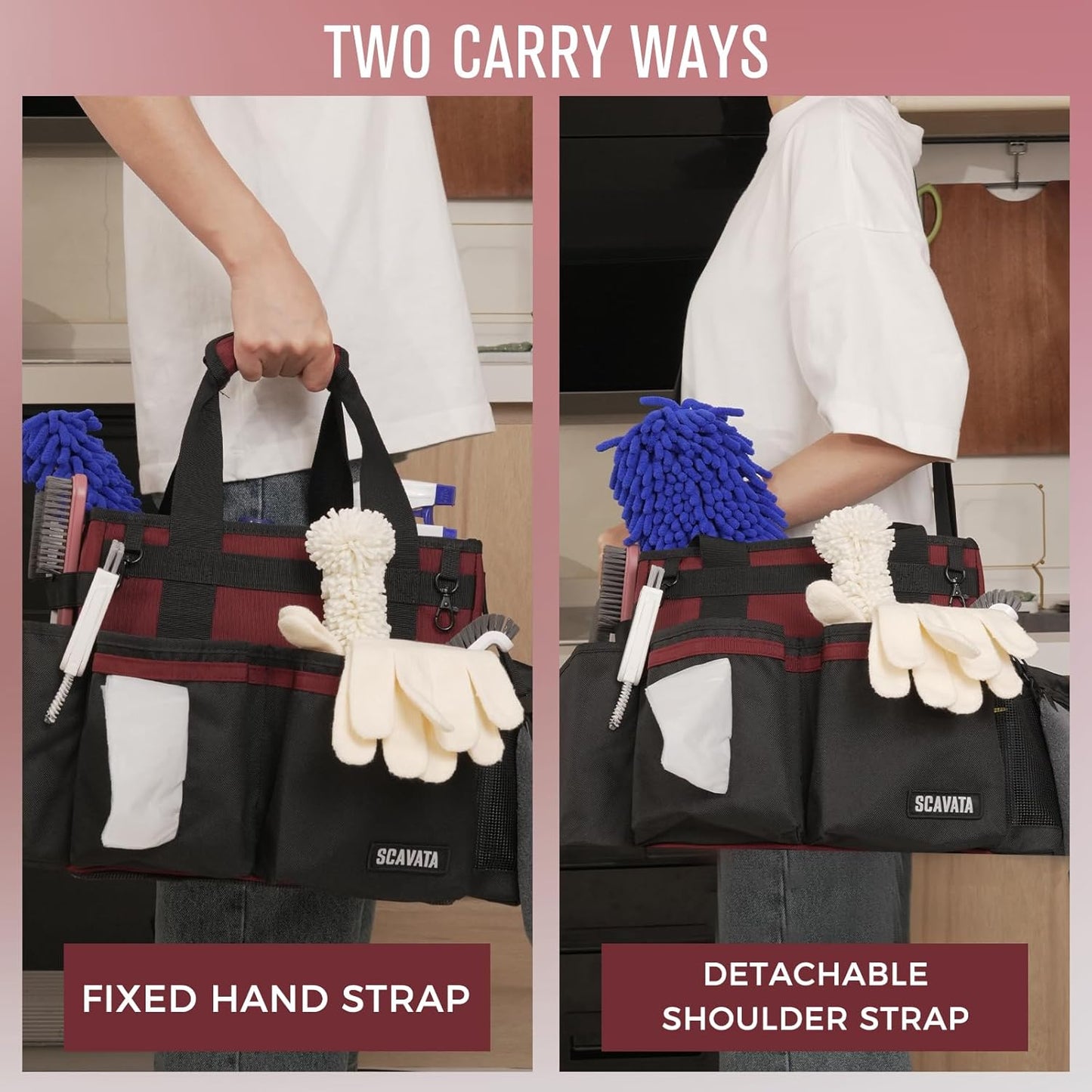 Compact Wearable Cleaning Caddy, Small Cleaning Caddy Supplies Organizer with Handle & Shoulder Straps for Housekeepers, Under Sink & Car Cleaning Tool Organizers Bag (AncoraRed)