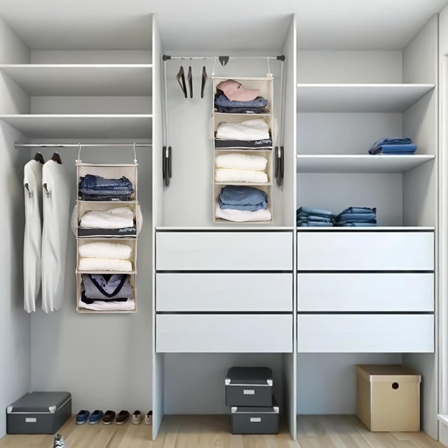 MAX Houser 4 Tier Shelf Hanging Closet Organizer, Closet Hanging Shelf with 2 Sturdy Hooks for Storage,2 Pack, Foldable (Beige)