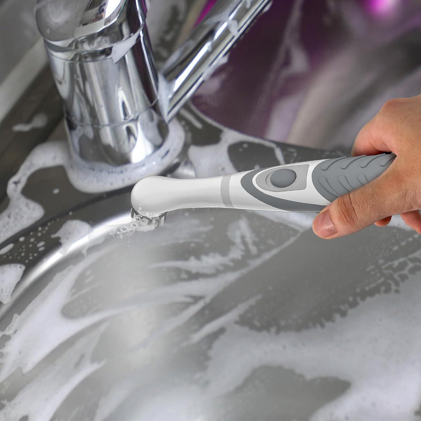 Electric Cleaning Brush with 4 in 1 Multiple Brush Heads, Indoor Household Cordless Motorized Brush for Bathroom Toilet Kitchen Tile Crevice(Grey)