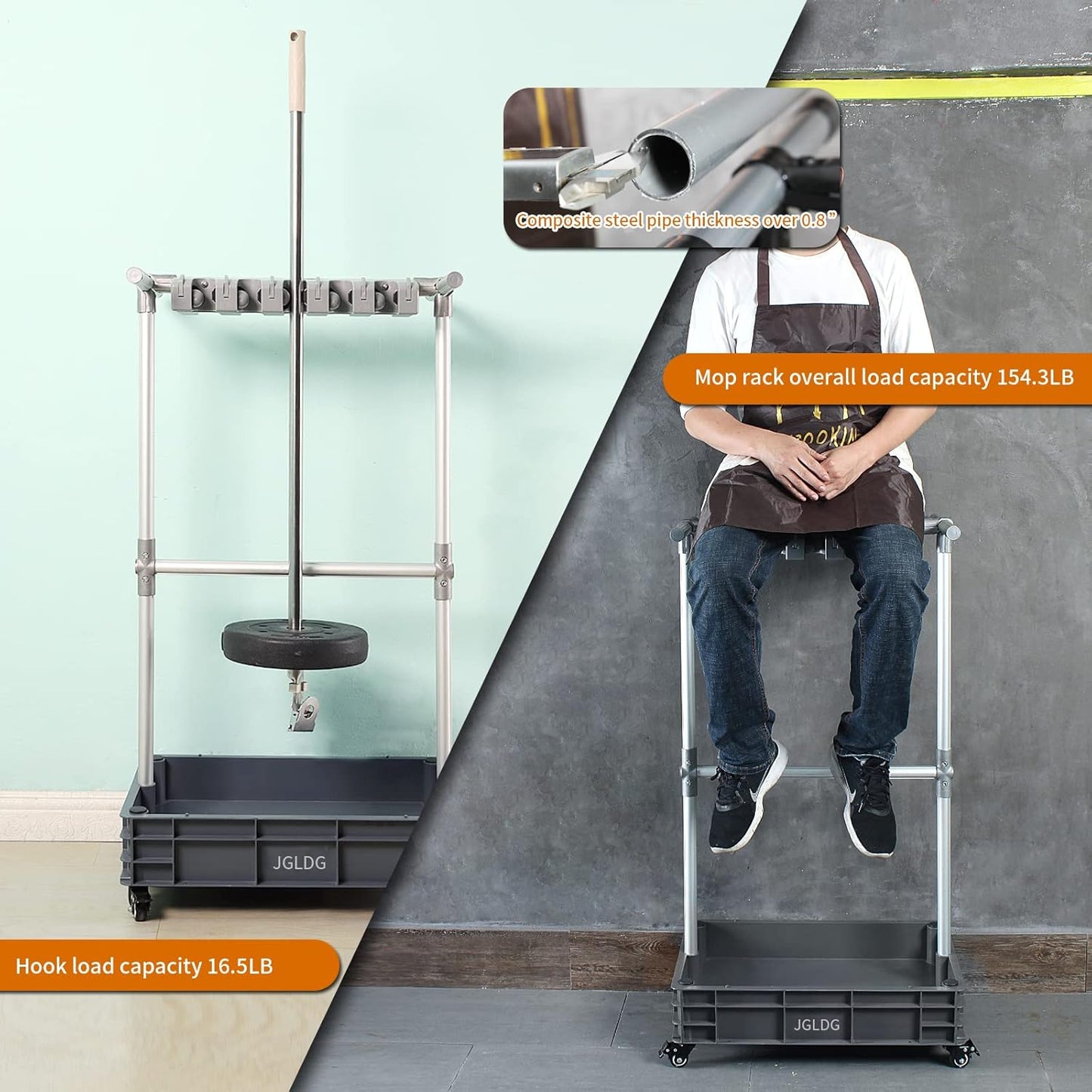 Broom mop Holder Cleaning Supplies Organizer Janitor carts on Wheels Housekeeping Station Storage Tools for Garage, Garden, Closet, Cabinet