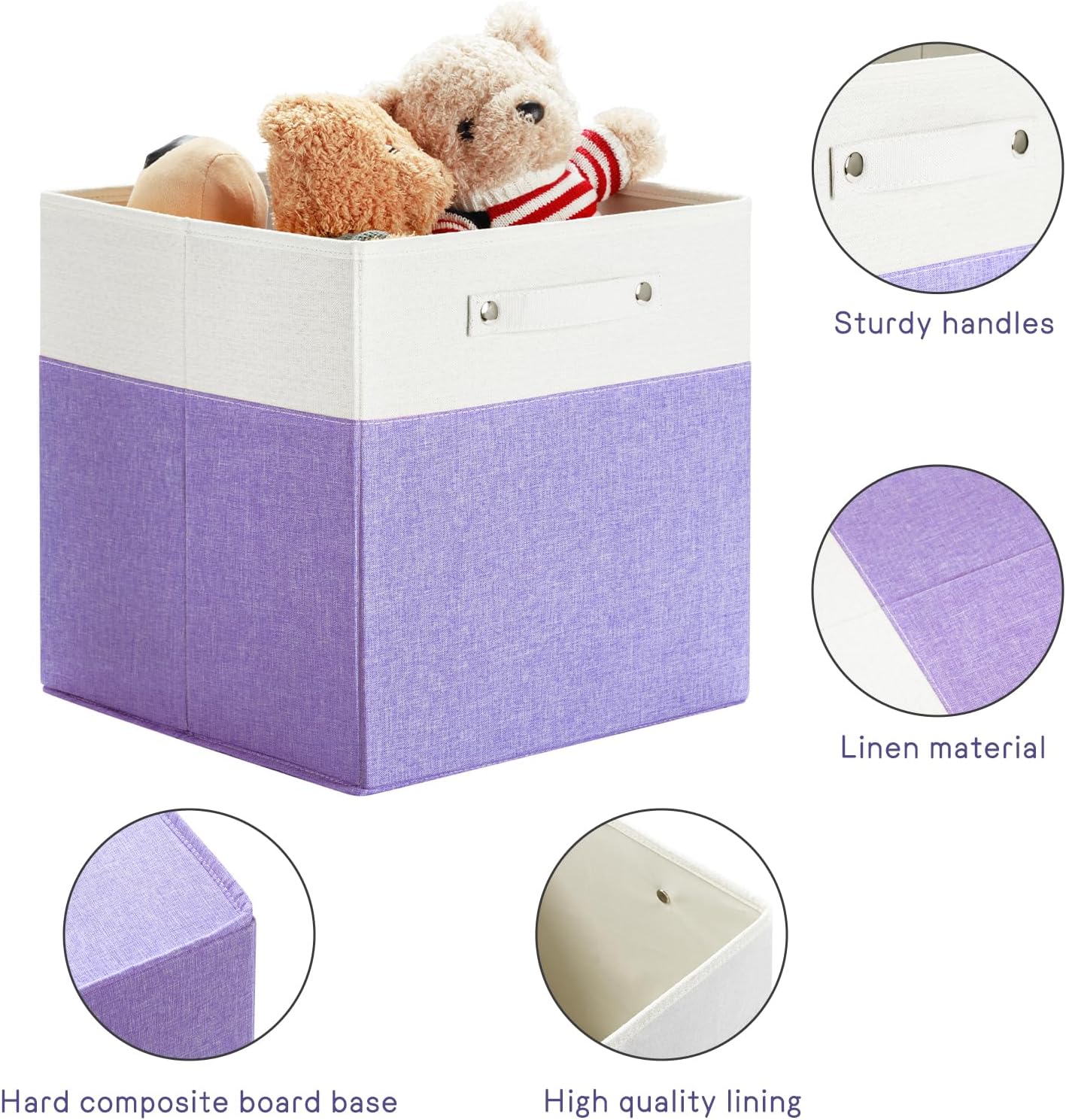 13 x 13 Inch Fine Linen Storage Bins with Handles,Fabric Cube Boxs,Collapsible Basket Organizers for Shelves for Home, Closet Drawers (White/Purple-6 Pack)