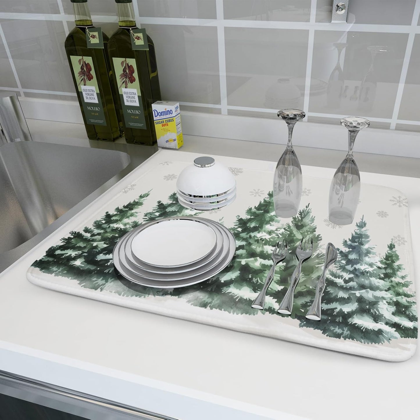 Christmas Pine Tree Dish Drying Mat for Kitchen Counter 18x24 Inch Winter Decorative Dishes Mats Winter Absorbent Reversible Kitchen Drainer Pad Christmas Decorations Fast Dry Tableware Dishes Pad