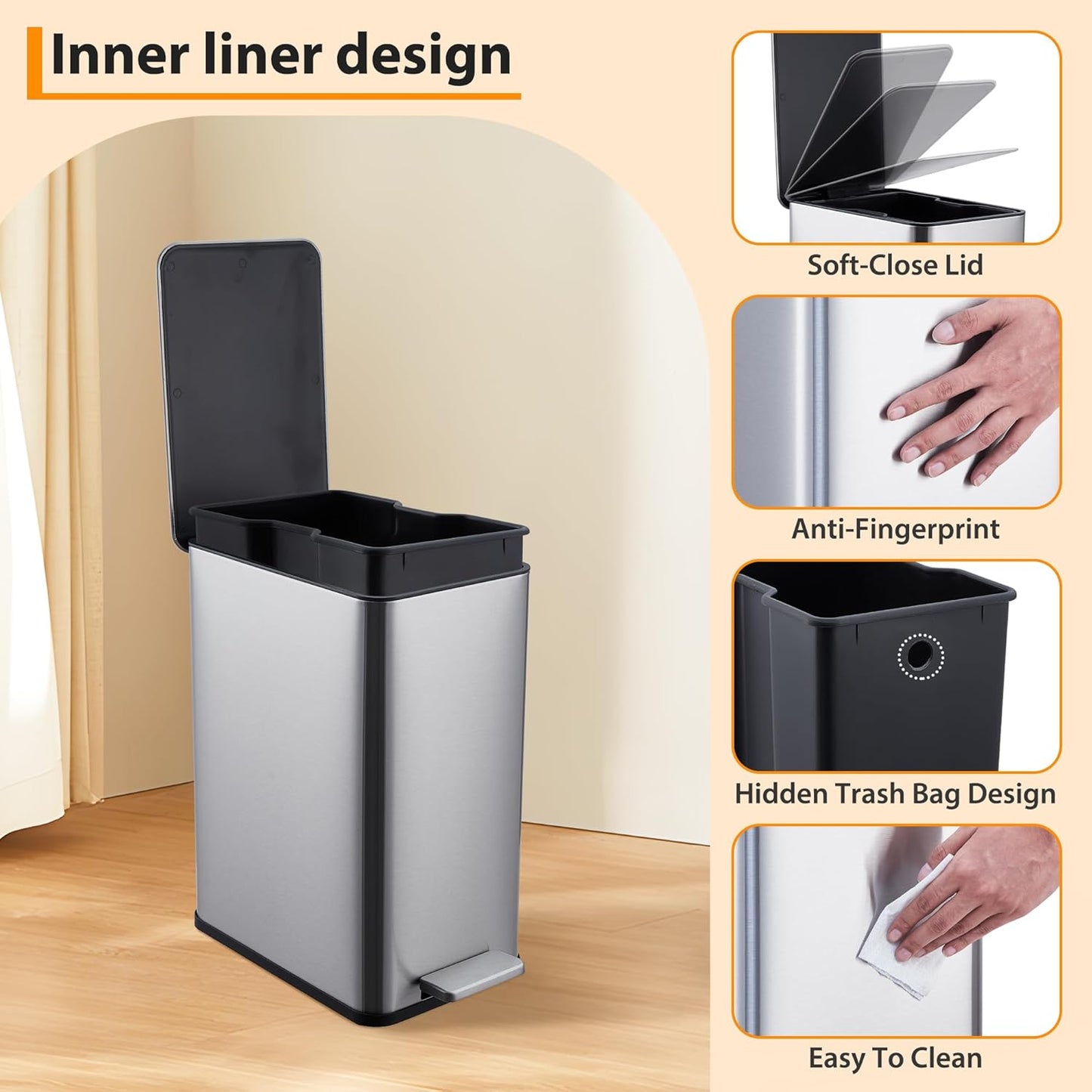 2.6 Gallon Kitchen Trash Can, Stainless Steel Garbage Can with Soft-Close Lid, Step Rubbish Bin with Removable Inner Bucket, Narrow Recycle Bins for Kitchen, Bathroom, Bedroom