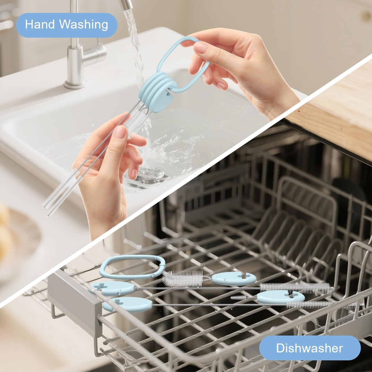 YOTIME Standing Straw Cleaner Brush Set, 4in1 Reusable Straw Brushes with Holder Ring, for Wide and Narrow Straws, Tumblers, Water Bottles and Cups, Blue