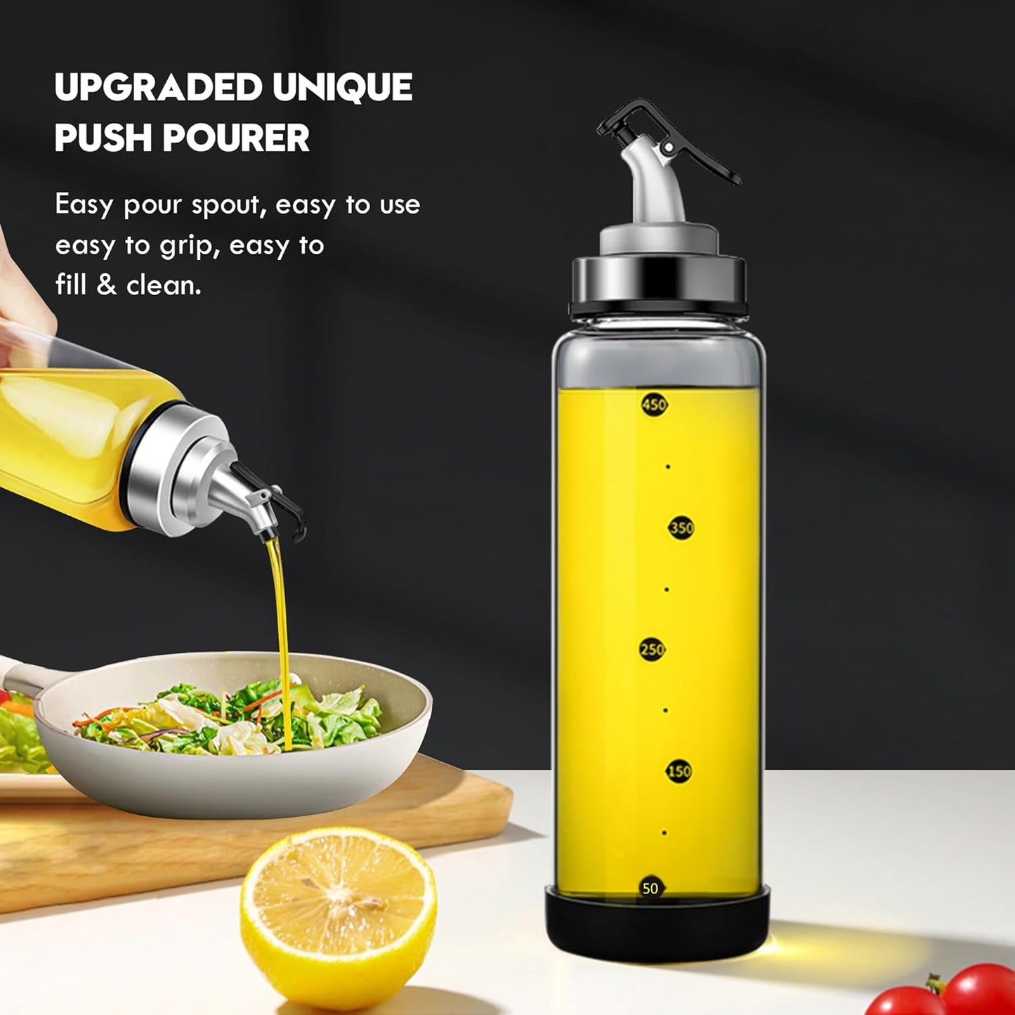 Glass Olive Oil Dispenser Bottle with Leakproof Pourer Spout and Shatterproof Rubber Bottom, Cooking Oil Dispenser Bottle for Kitchen 17 oz Heat Resistant Olive Oil Bottle