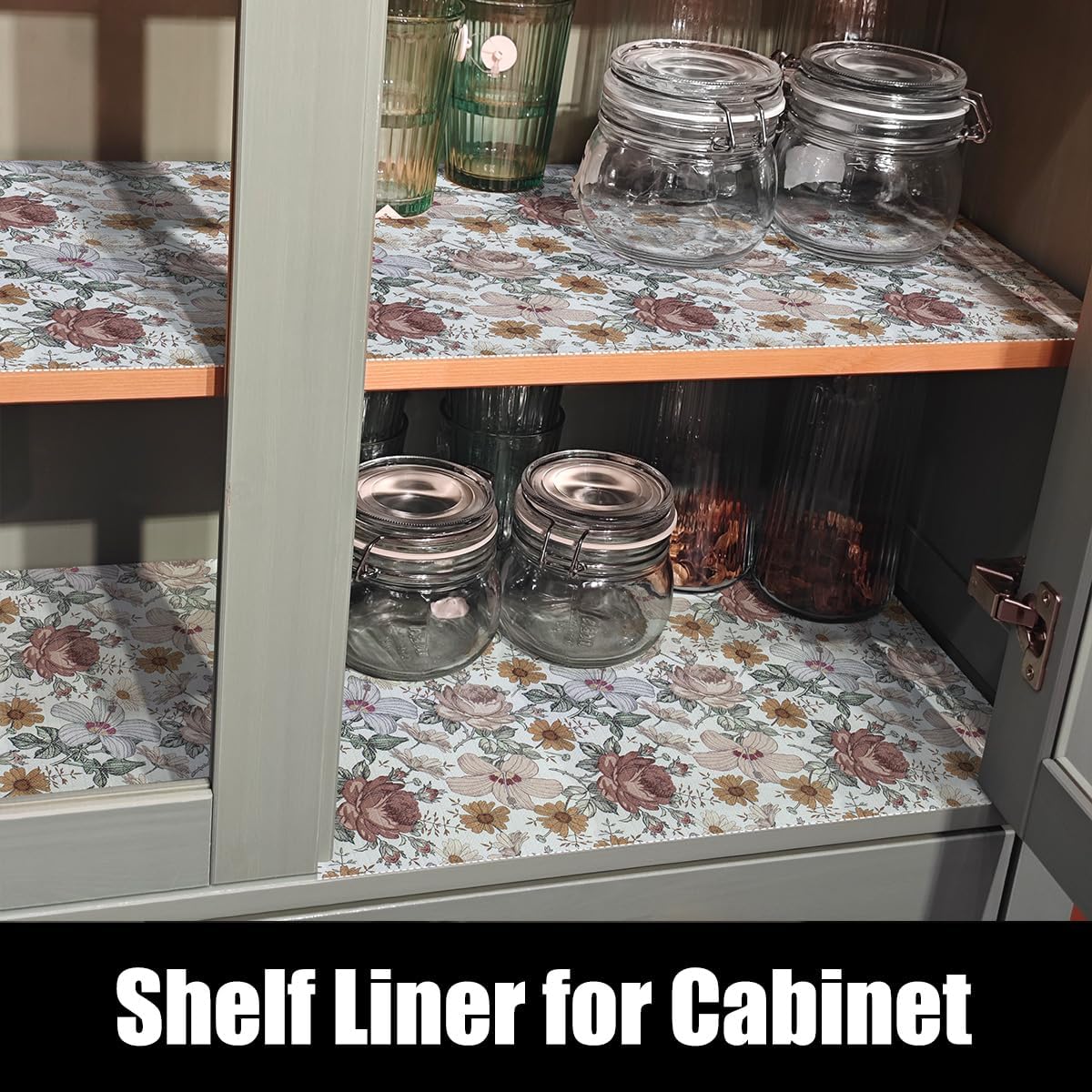 Floral Drawer Shelf Liners, Non Adhesive and Strong Non-Slip Cabinet Drawer Shelf Liners for Kitchen Wire Fridge, Waterproof Shelf Liner,Easy to Clean,12IN x 10FT