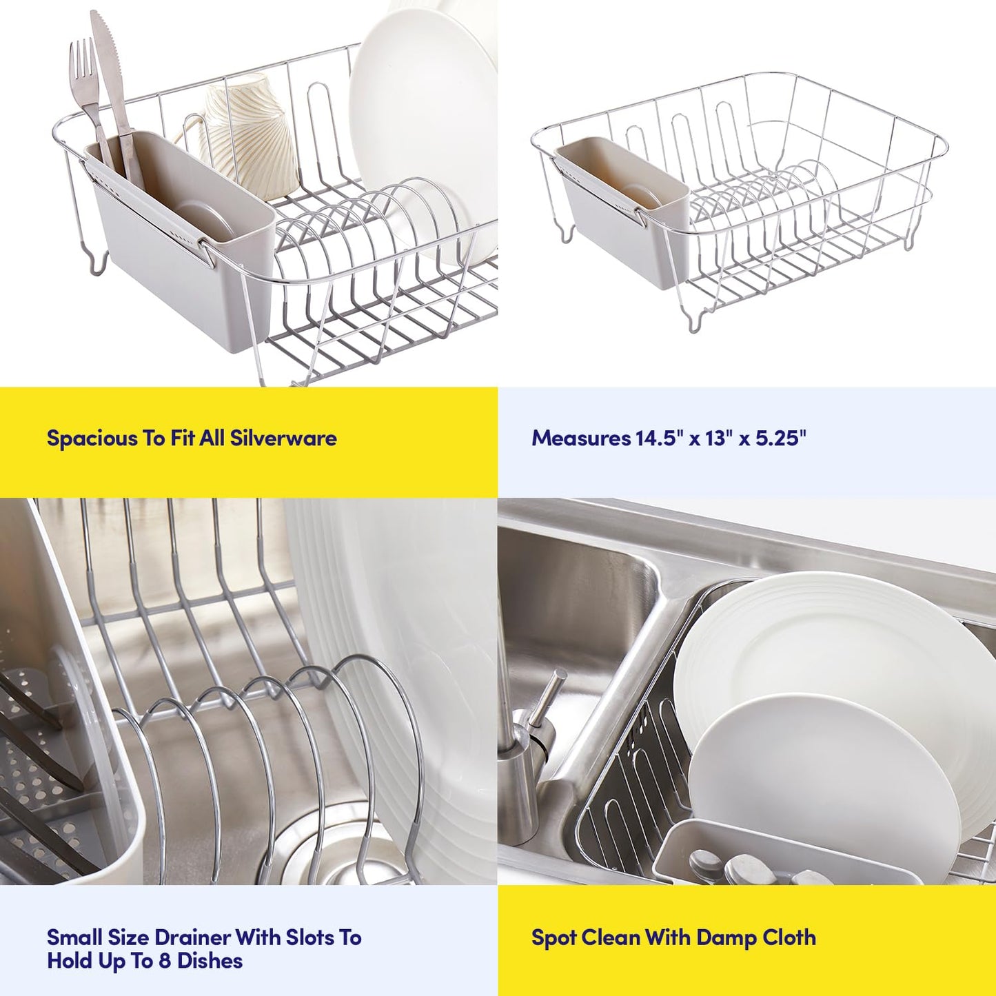 Dish Drying Rack & Cutlery Holder 2 Piece Set - Compact Sink-Fitting Dish Drainer with Rubberized