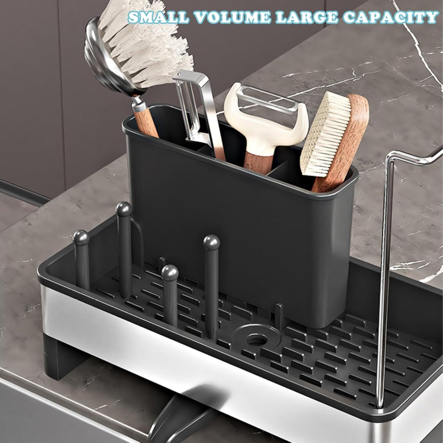 Sponge Holder for Kitchen Sink,Sink Caddy Organizer with Removable Brush Holder,Kitchen Countertop Soap Dispenser Storage with Detachable Towel Rack,Black