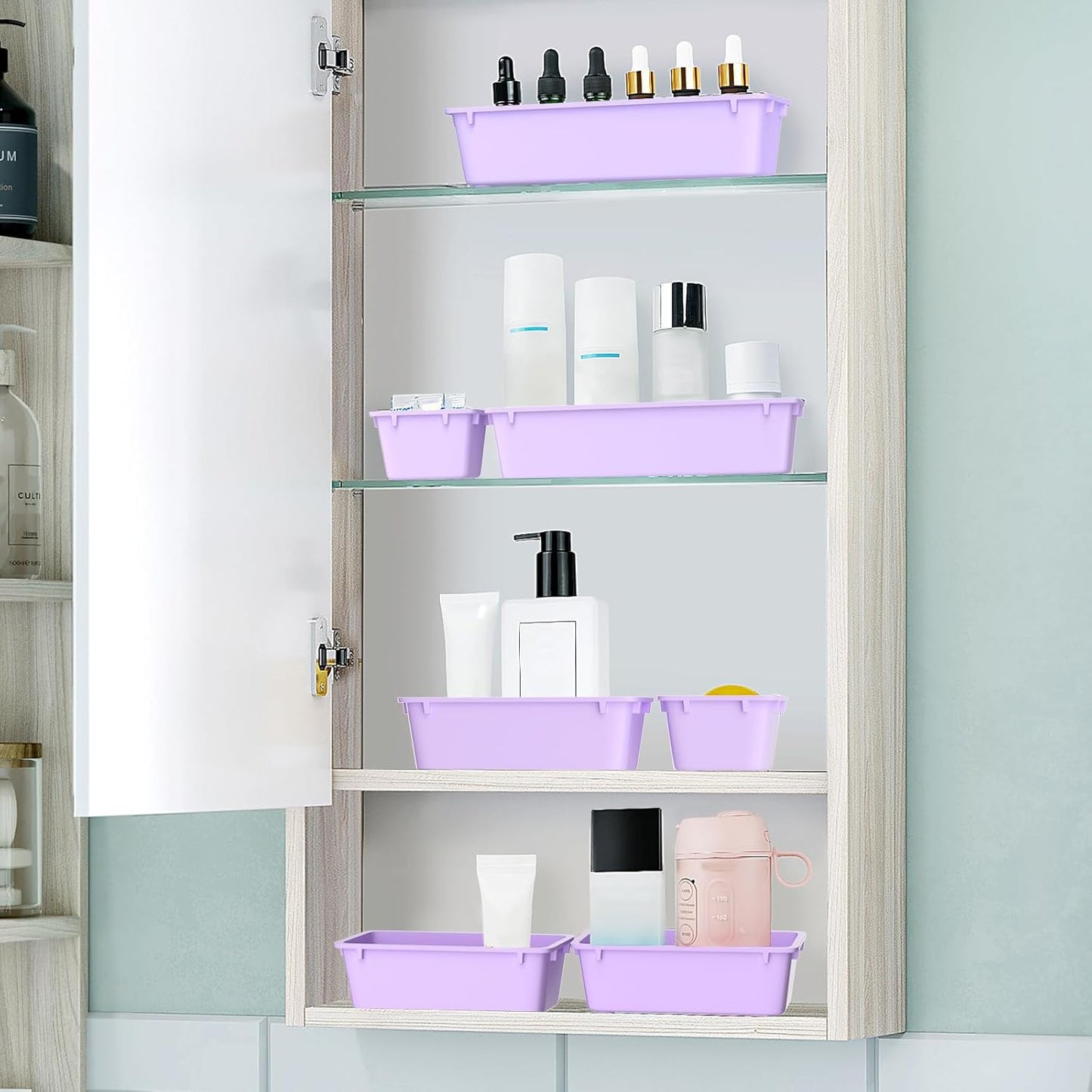 WOWBOX 25 PCS Plastic Drawer Organizer Set, 4 Sizes Desk Drawer Divider Organizers and Storage Bins for Makeup, Jewelry, Gadgets for Kitchen, Bedroom, Bathroom, Office, Purple