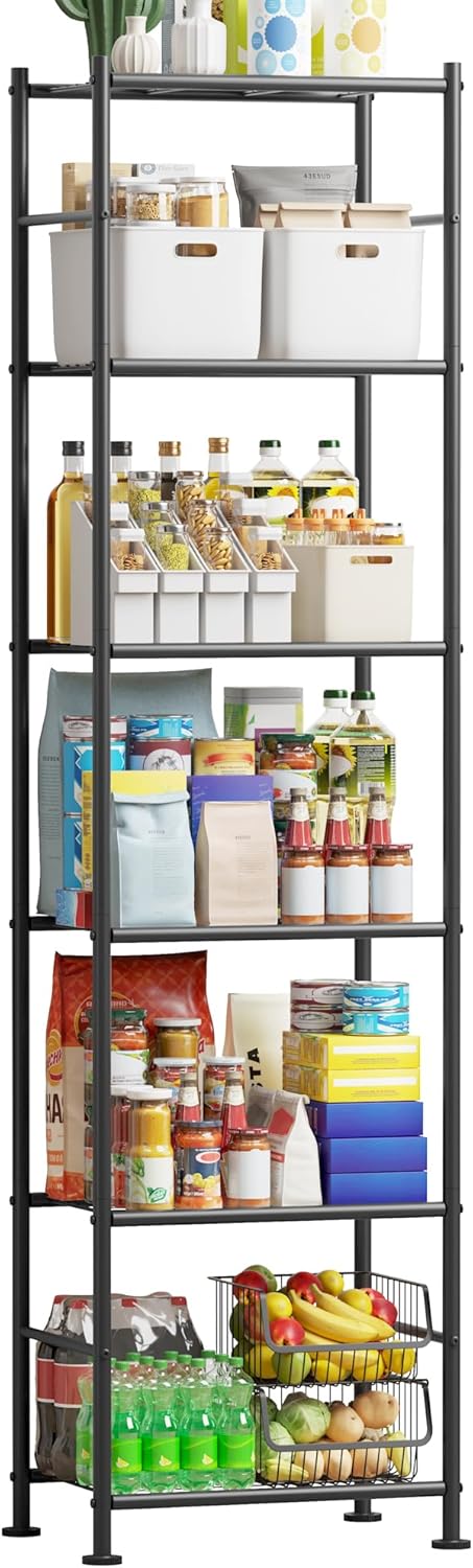 Storage Shelves - 6 Tier Shelf Organizer, Sturdy Metal Garage Shelving with Adjustable Leveling Feet, Space-Saving Shelves Organizer for Pantry, Laundry, Kitchen (18" x 12" x 70", Black)