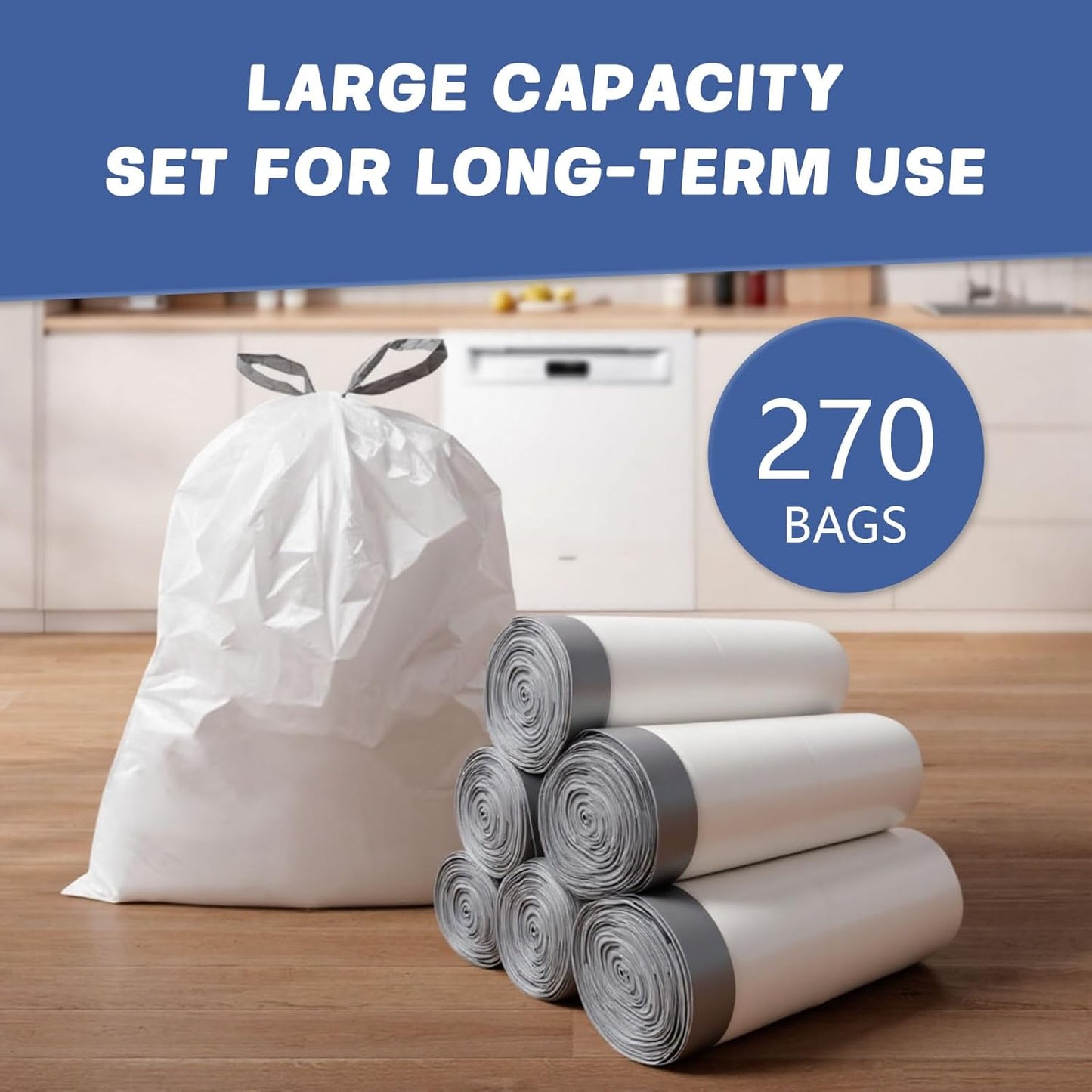 270 Count Heavy-Duty Trash Bags, Compatible with 6-7 Gallon Trash Can, Pre-Separated Drawstring Kitchen Garbage Bags, Ideal for Home & Office, 19.9 x 29.1 Inches, 6 Rolls, White