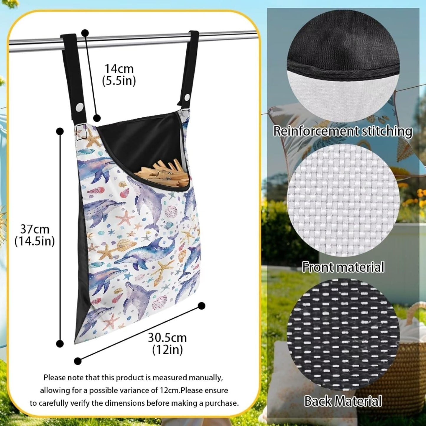 Cute Dophin Clothespin Bag Clothespin Storage with Hanger Hook Canvas Clothespin Bag with Large Opening Space-Saving Clothespin Holder Clothespin Bag for Outdoor Use, 1 Pack, CZB94