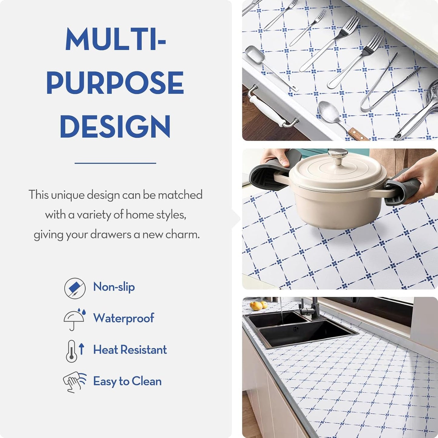 Drawer and Shelf Liner, Non-Slip Kitchen Cabinet Liners Non-Adhesive Thick Strong Grip Waterproof Washable Mats Protect Dresser Shelves Cupboard Bathroom Cabinets, Blue Stripe, 12 in X 30 FT