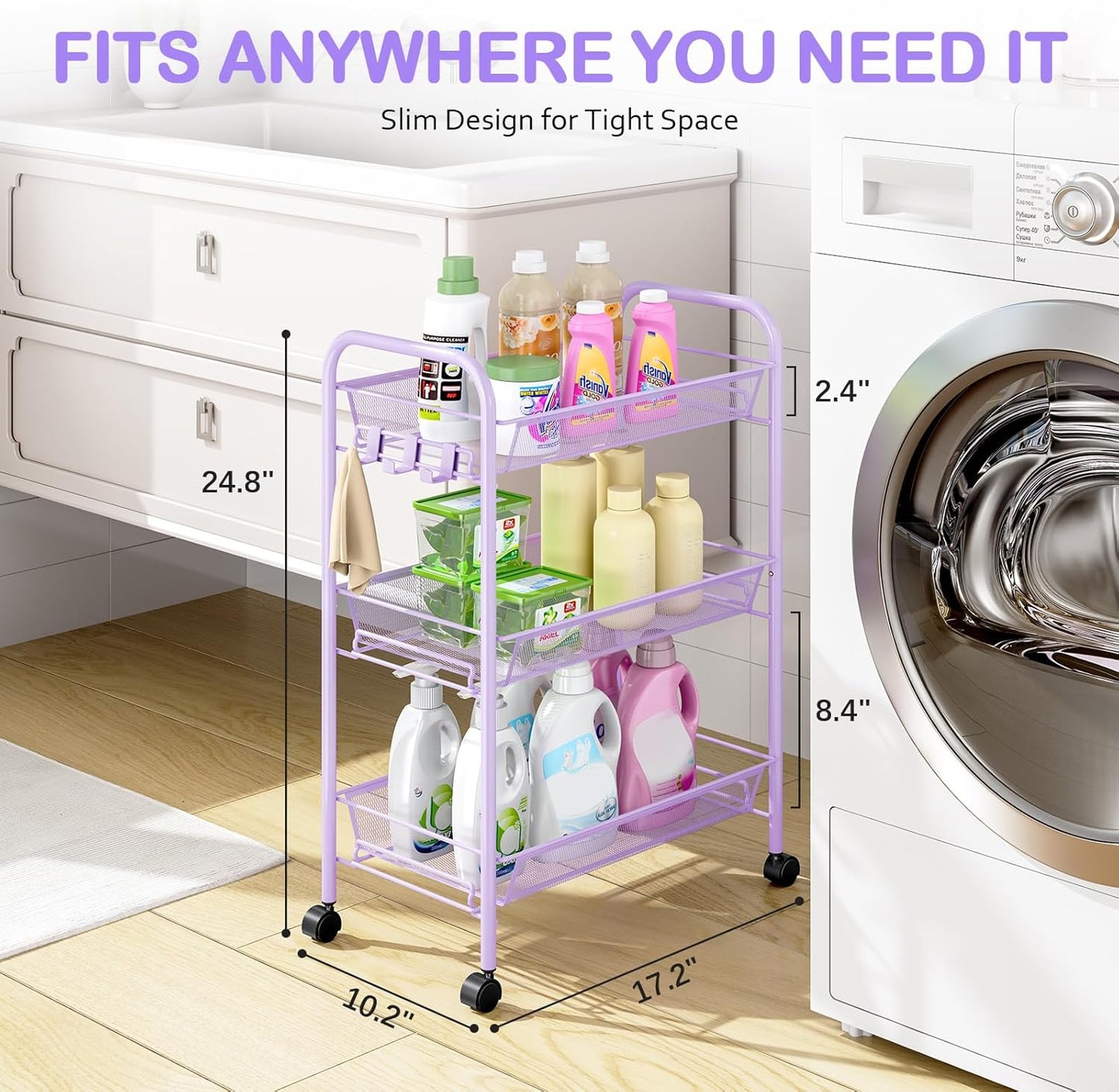 TOOLF 3-Tier Metal Rolling Cart, Mesh Wire Easy Assemble Utility Cart, Storage Trolley on Wheels with 3 Hooks, MetalStorage Shelving Units for Kitchen Bathroom Laundry Room