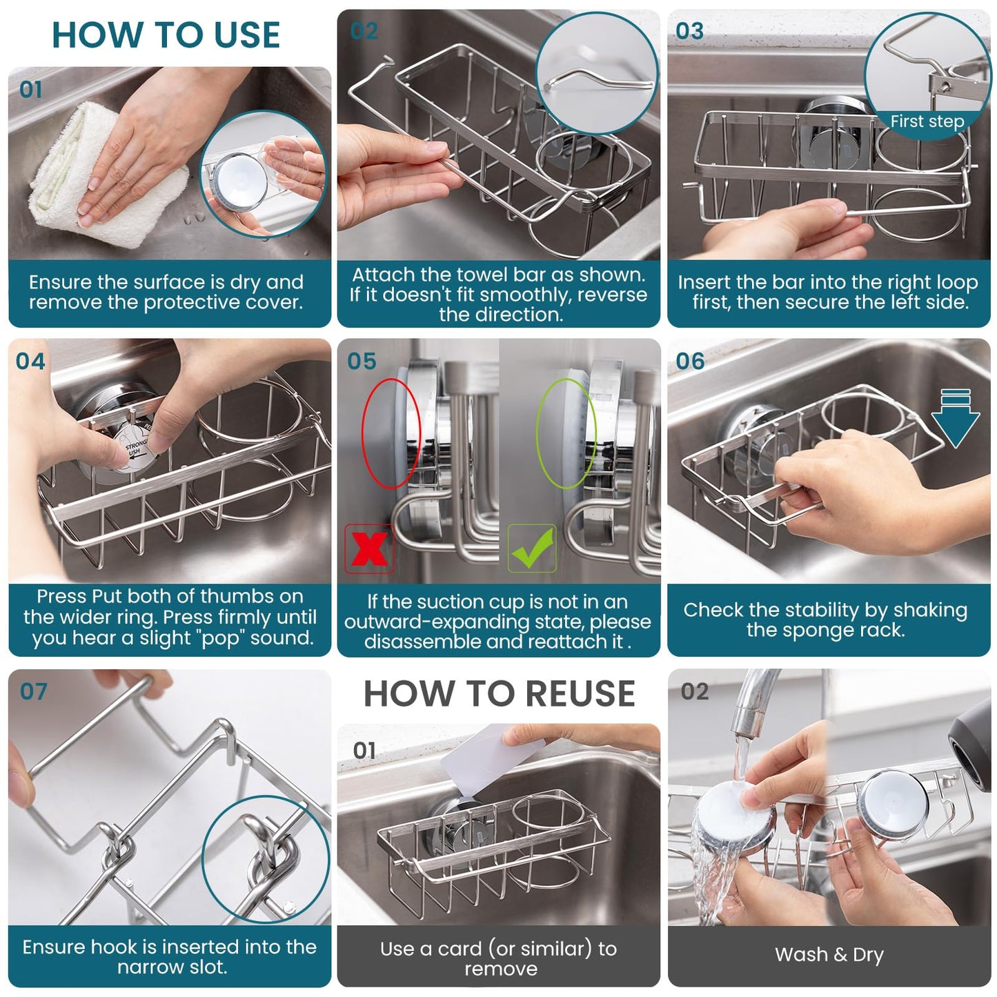 TAILI 4-in-1 Sink Caddy for Kitchen Sink with Strong Suction Cup-Silver