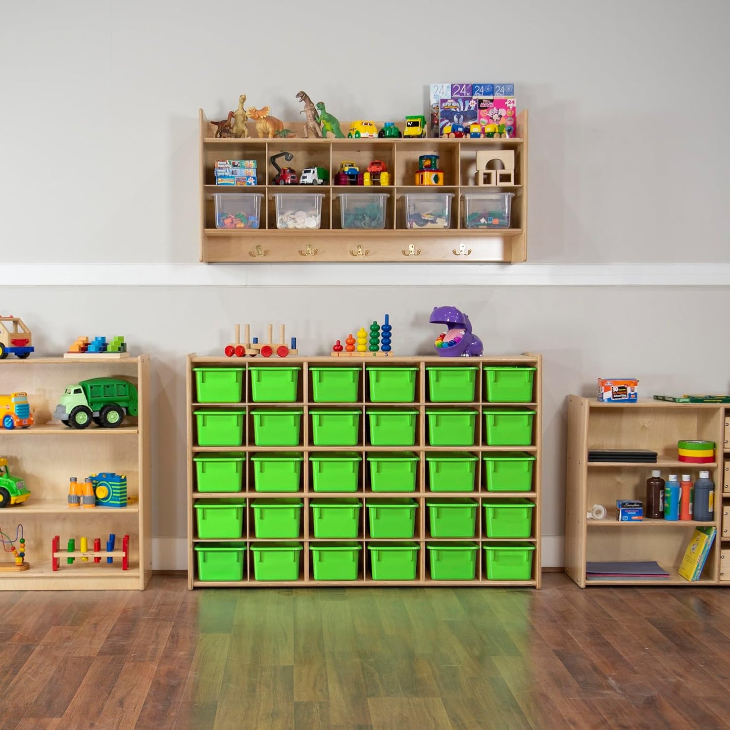 Wood Designs Cubby Storage Bin, Heavy Duty Plastic Containers for Kids Lime Green Cubby Tray Set of 25