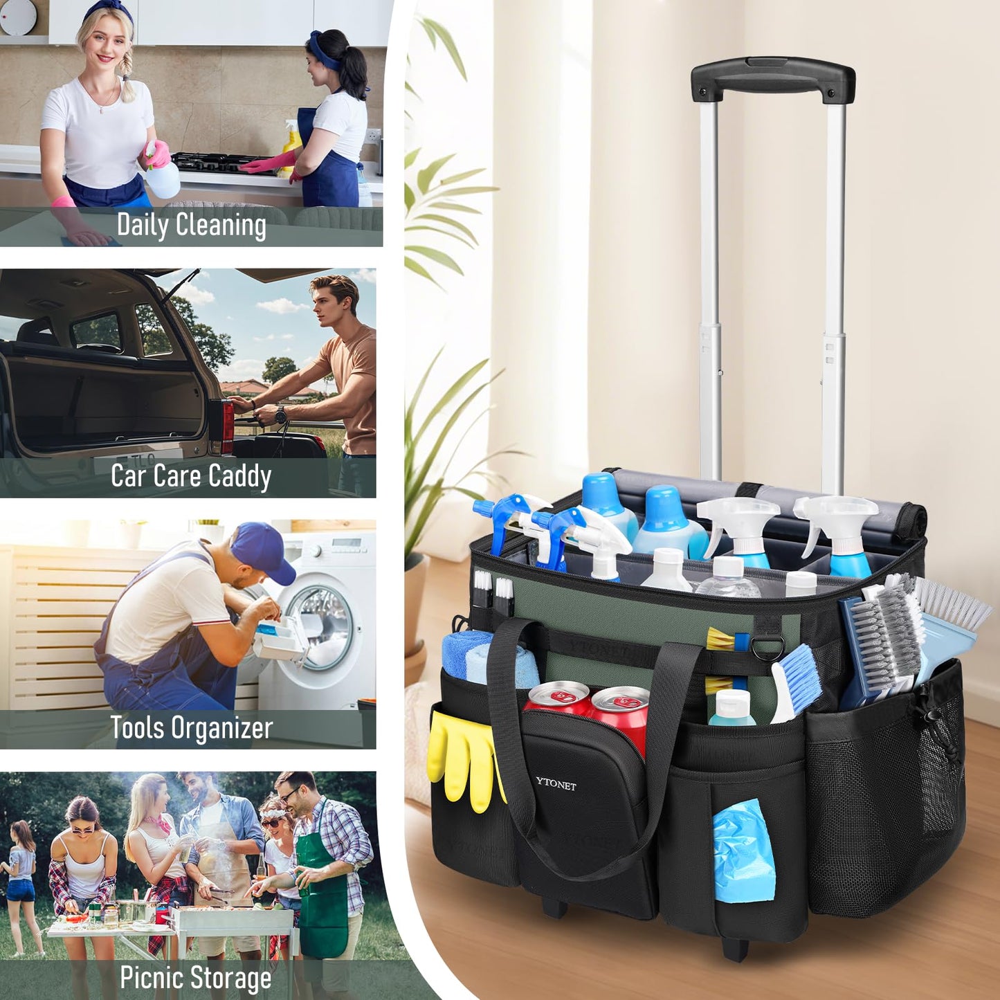 Ytonet Cleaning Caddy with Wheels, Extra Large Rolling Cleaning Caddy Bag