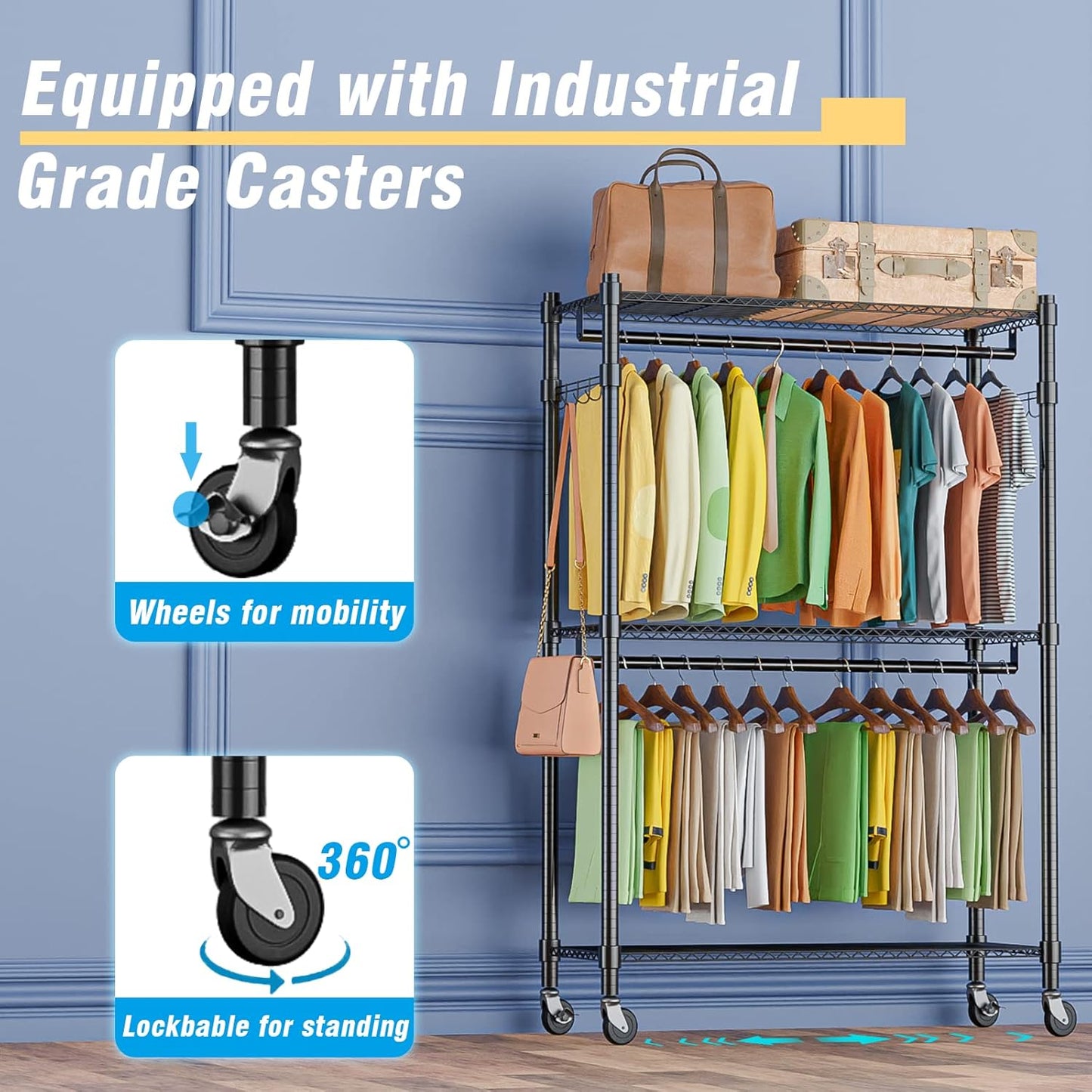 Homdox Rolling Garment Rack with Double Rod, Heavy Duty Clothing Rack with Shelves, Portable Clothes Rack, Free Standing Wardrobe Rack, with Lockable Wheels & Hanging Hooks, Max Load 450 LBS, Black