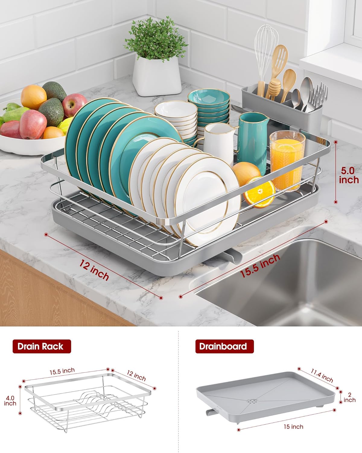 Stainless Steel Dish Drying Rack for Kitchen Counter, Sink Organization and Storage Essentials with Silverware & Utensil Holder, Home and Apartment Decor, 12''W x 15.6''L, Silver