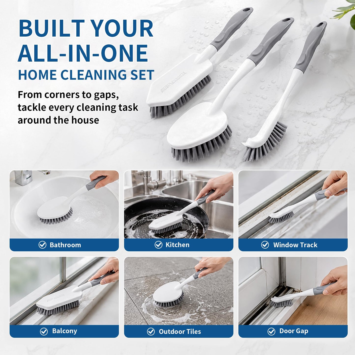 3PCS Heavy Duty Scrub Brush Set - Shower Cleaning Brushes for Bathroom