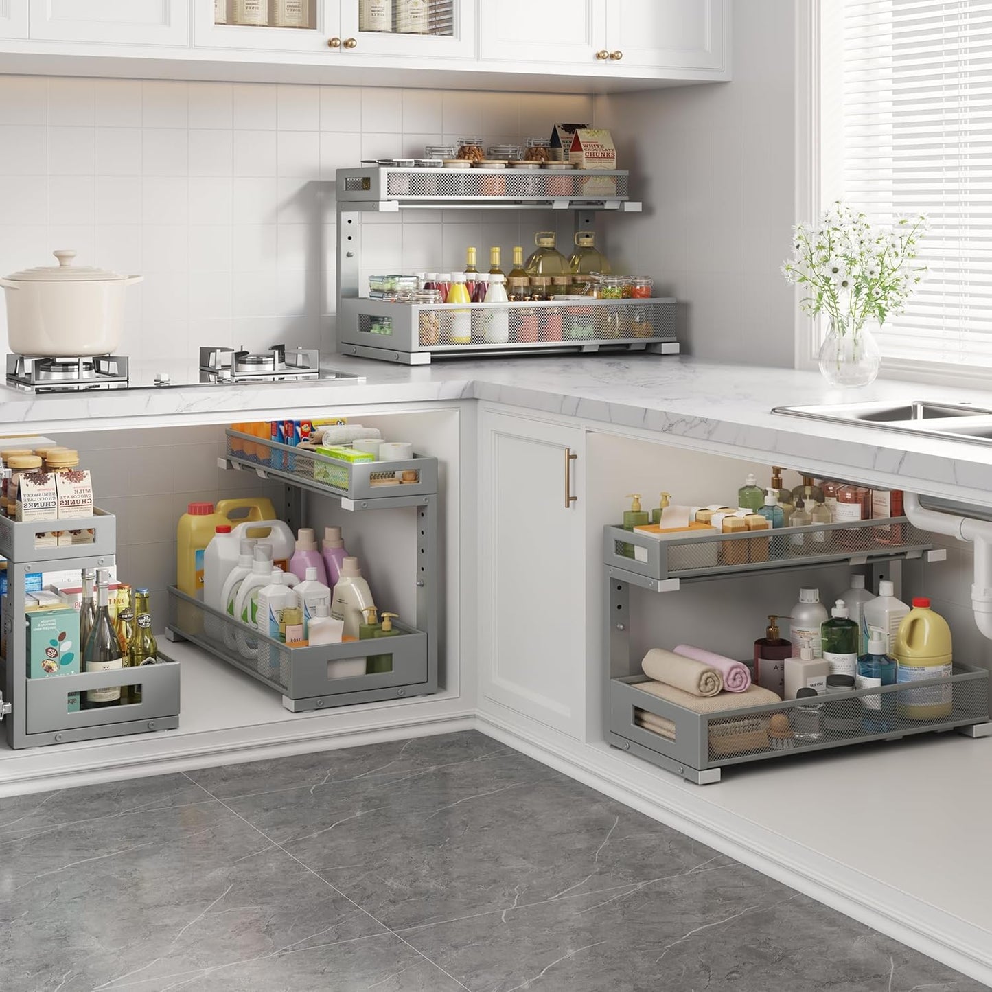 2 Pack 19IN Depth Under Sink Storage Organizer, Large 2-Tier Elegant Mesh Pull Out Shelf for Kitchen and Bathroom Cabinet Organization, L-Shaped and Adjustable Height Design-Gun Gray