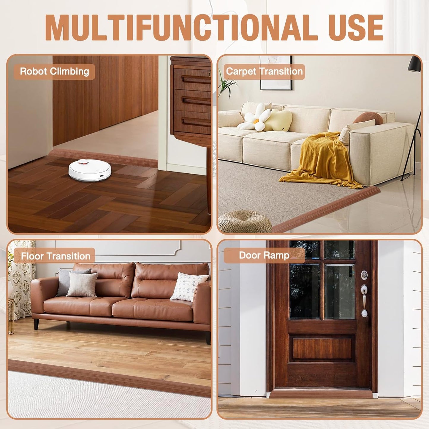 Floor Transition Strip Self Adhesive Vinyl Door Threshold for Doorways Carpet Edging Trim Overlap Edge Reducer for Laminate Floor, Carpet, Tile (Light Brown Wood Grain, 3/5" to 4/5", 6.6Ft)