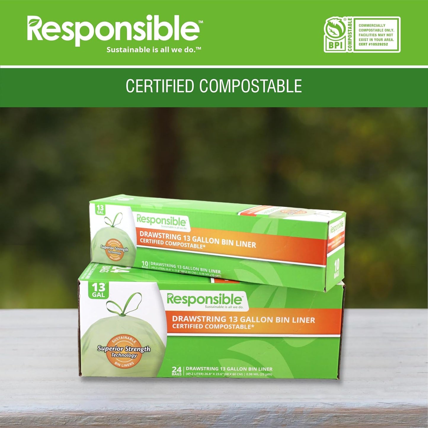 Responsible Products Kitchen Bin Liners, Certified Compostable, Heavy Duty Multipurpose Food Scrap Bags, Made from Compostable Materials (13 Gallon Drawstring, 13 Gallon (100 Count))