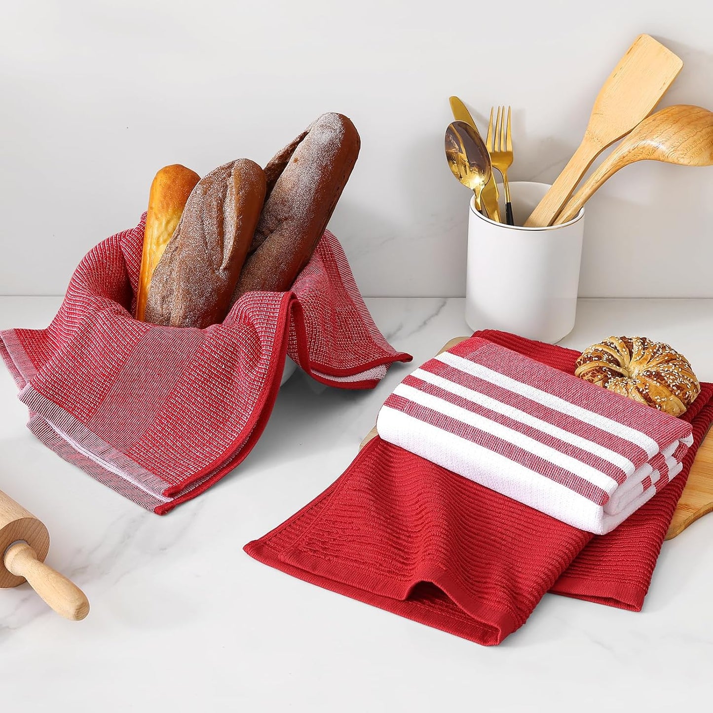 Homaxy Premium Kitchen Towels(18”x 28”, 6 Pack), Large Cotton 380 GSM Kitchen Hand Towels, Soft and Absorbent Terry Dish Towels, Multipurpose Tea Towel Set with Hanging Loop, Red