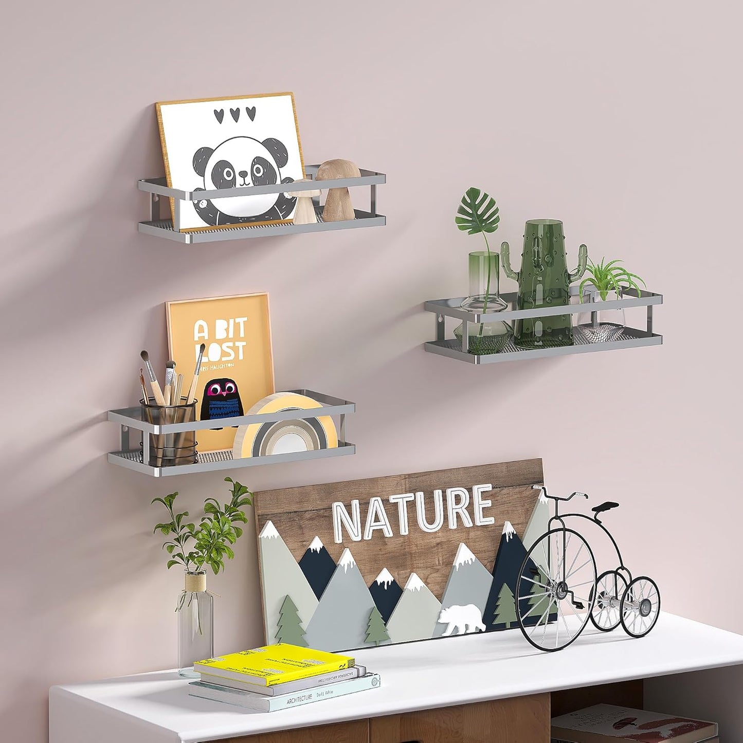 PUSDON Metal Wall Hanging Basket 2 Packs DIY Suitable for Multiple Scenes - Middle Silver Grey Guardrail