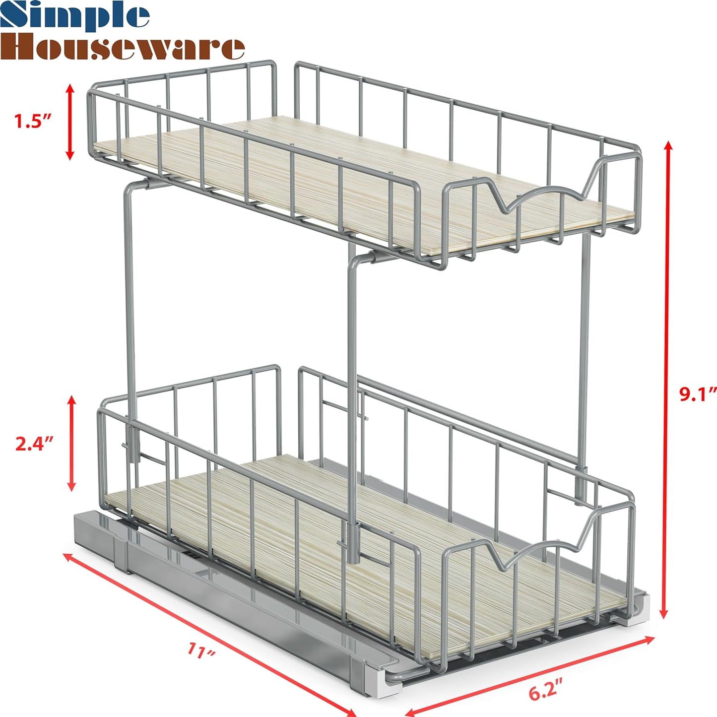 Simple Houseware 2-Tier Spice Rack Slide Out Wire Basket Drawer Organizer, Silver