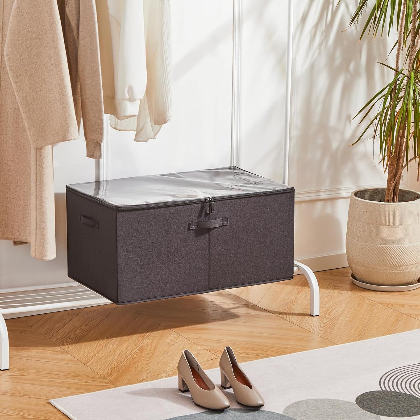 Shoe Storage Organizer for Closet, Shoe Box Organizer, Space Saving Foldable Shoe Rack, Shoe Storage Cabinet with Clear Cover and Reinforced Handles, Fits 20 Pairs, Black