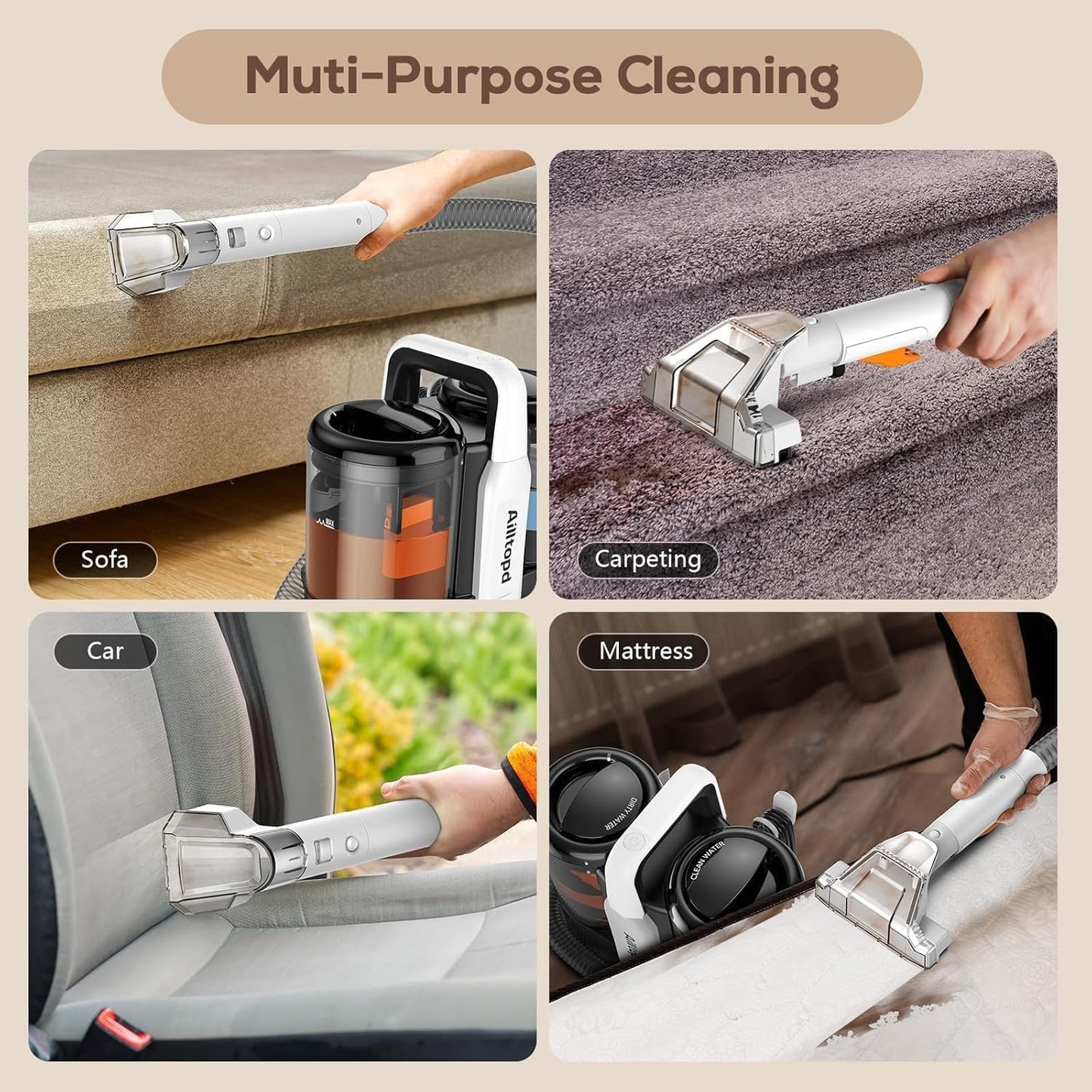 Upholstery Cleaner Machine, Portable Carpet & 15Kpa Upholstery Spot Cleaner Machine, Deep Stain Cleaning for Carpet, Pets, Stairs, Car Seat, Couch, with Dual Size BrushHead and Cleaning Solutions