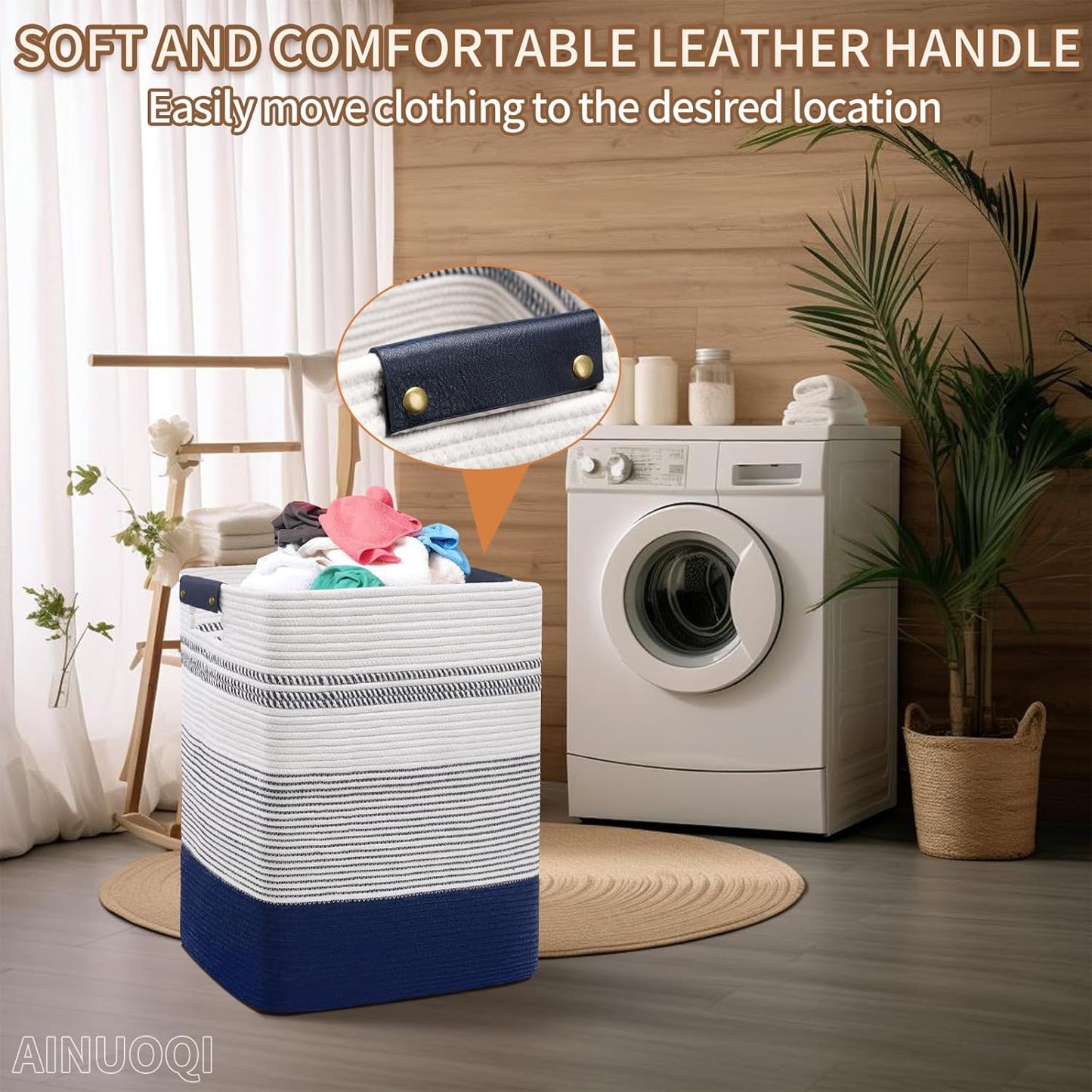 Large Laundry Basket - Tall Woven Rope Laundry Hamper with Leather Handles - Dirty Clothes hamper for Living room, Bedroom, 17.8" X 13.8" X 22", Dark Blue & White