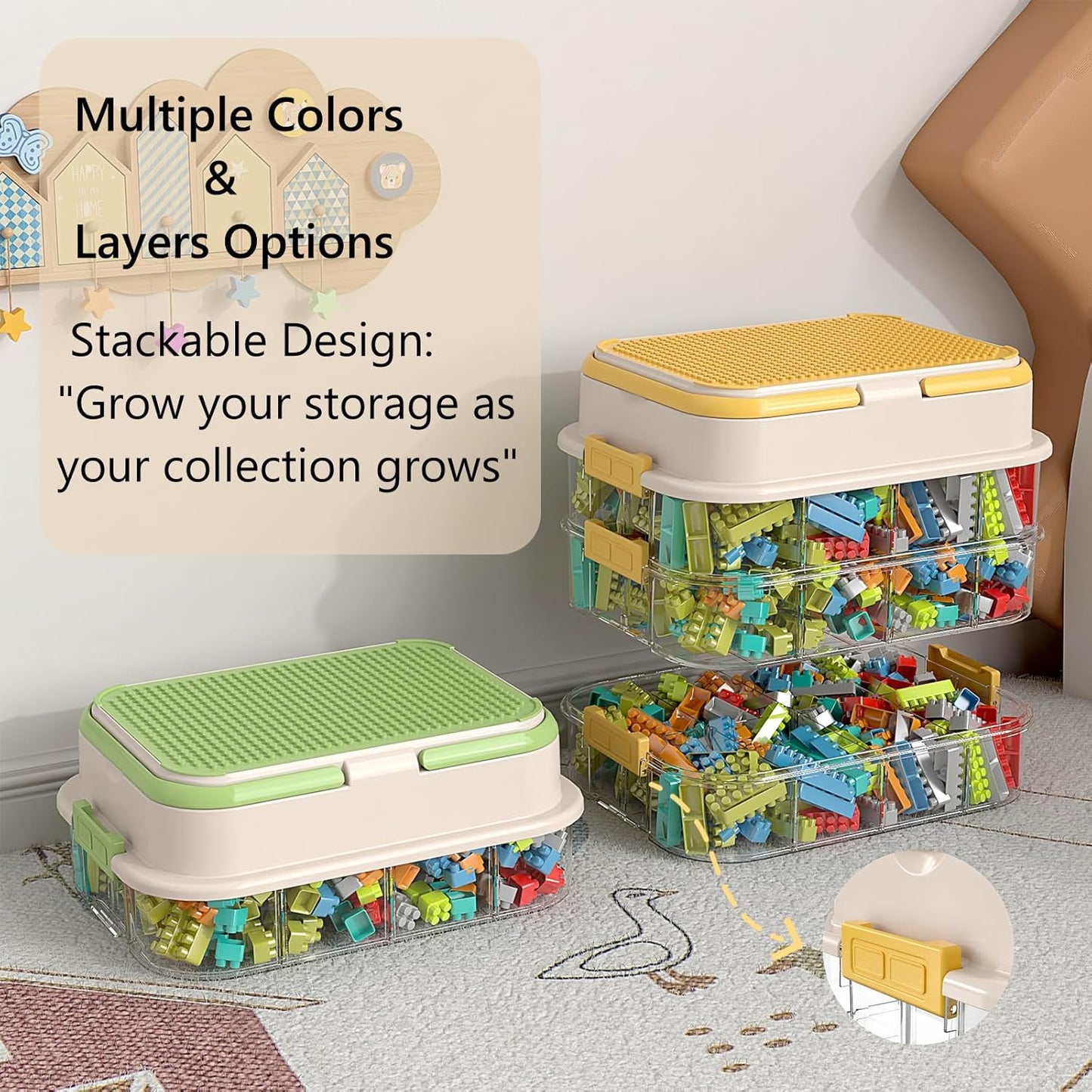 Toy Storage Organizer Box with Handle, Stackable Building Block Toy Box with Building Plate Lid & Removable Sorting Trays, Cubby Bins and Containers 1 Layer (Lemon)