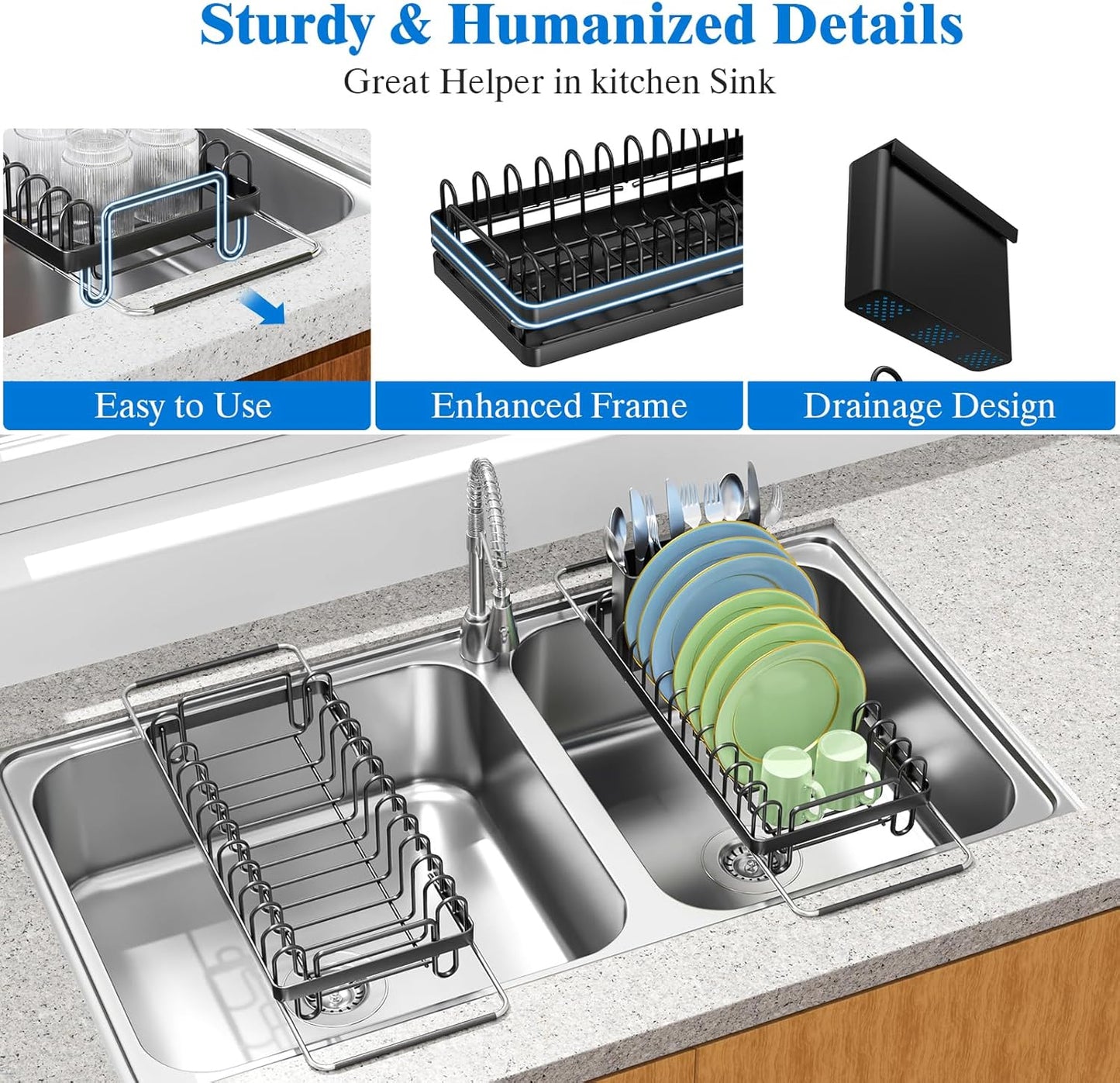 Small Dish Drying Rack Over The Sink, Compact Dish Rack with Silicone Mat for Kitchen Counter, Expandable Dish Drainers Drying Rack Used in Sink & on Countertop, Black