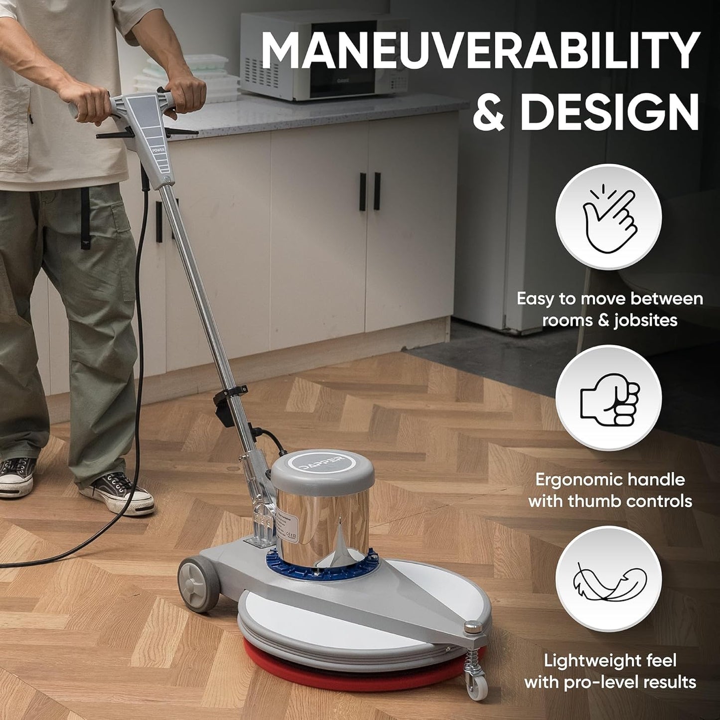 20" High-Speed Commercial Floor Burnisher, 1.5 HP, 1500 RPM, 40ft Cord, Rubber Bumper Guard, with Red, White & Black Pads for Cleaning, Polishing & Stripping