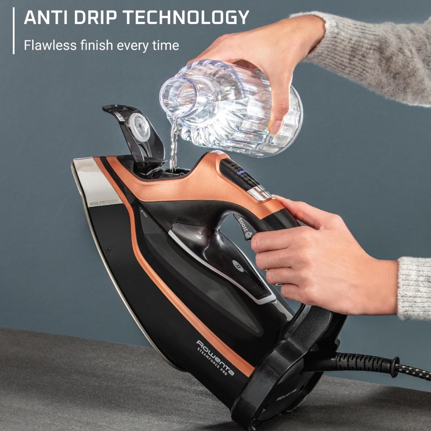 Rowenta Iron Steam Force Pro Steam Iron for Clothes, 1850 Watts, 5 Presets Smart Screen, Stainless Steel Soleplate, High-Efficiency Handheld Ironing, Black Copper, DW9580