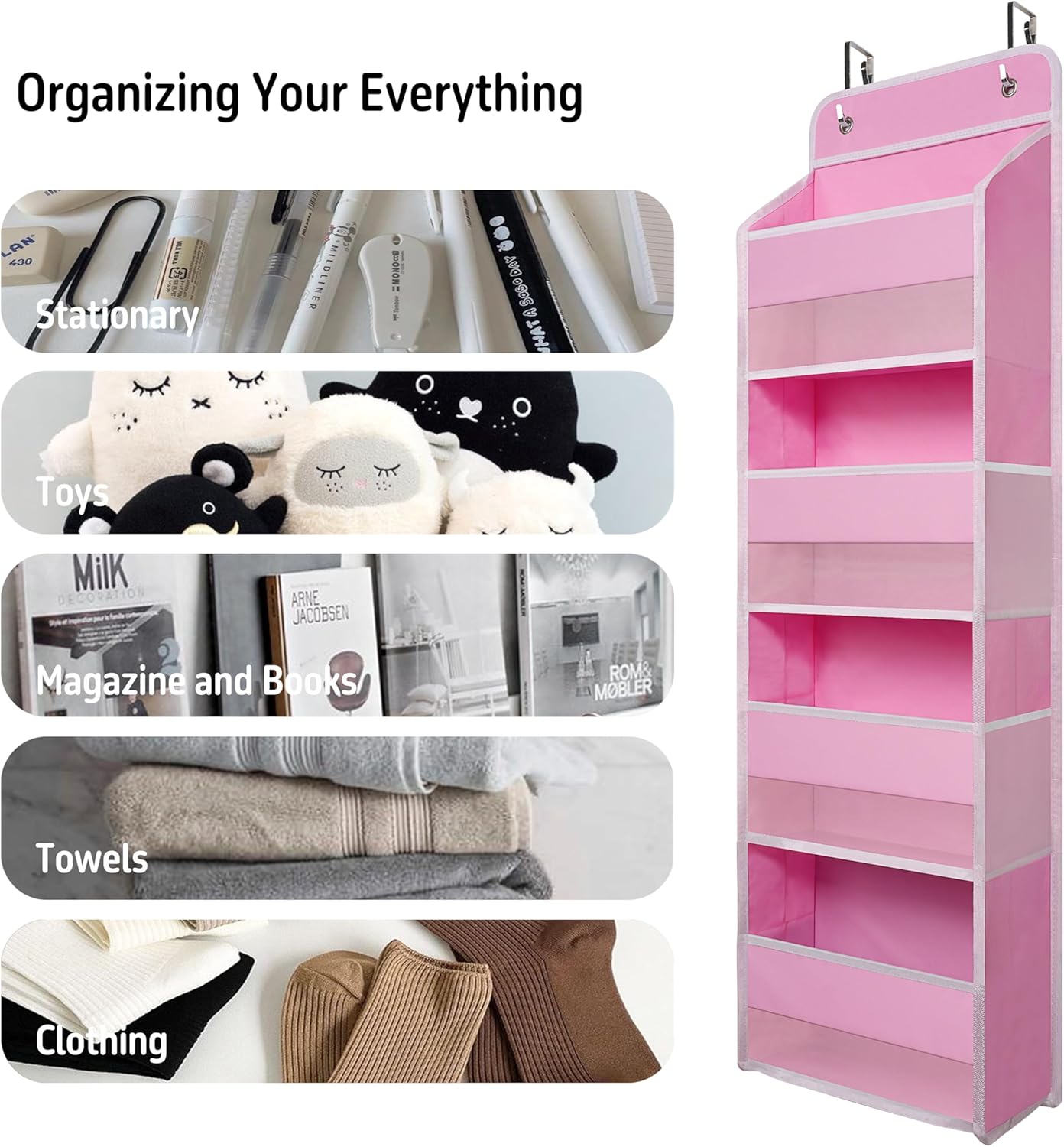 Over The Door Hanging Organizer with 4 Large Pockets – Closet, Bathroom, Nursery, Bedroom, Dorm Storage for Toys, Cosmetics, and Baby Essentials, Pink