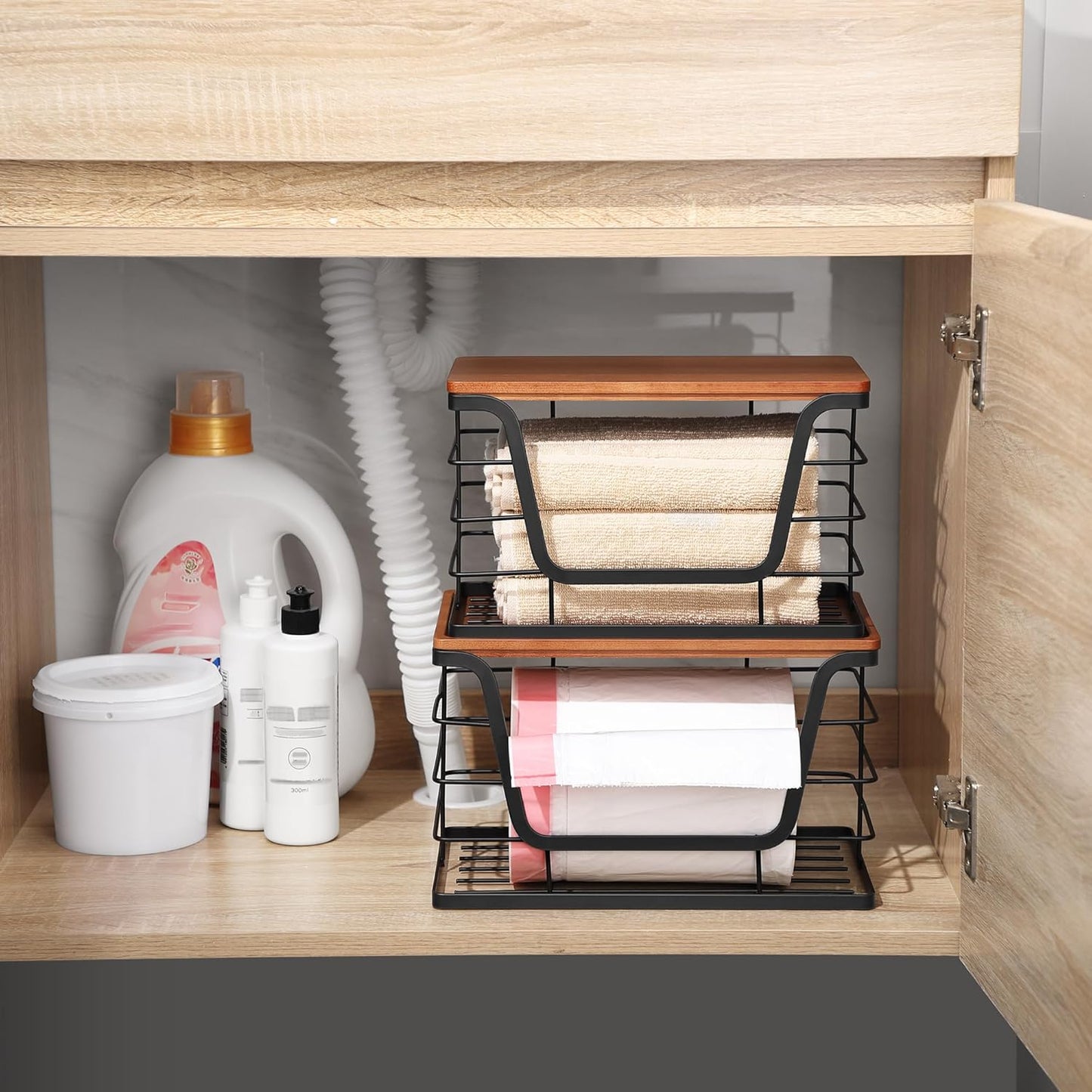 ALOCEO 2 Pack Stackable Storage Bins with Lids, Stainless Steel Extra Large Trash Bag Dispenser Roll Holder for Kitchen Sink, Laundry, Pantry Organizer and Storage, Walnut Black