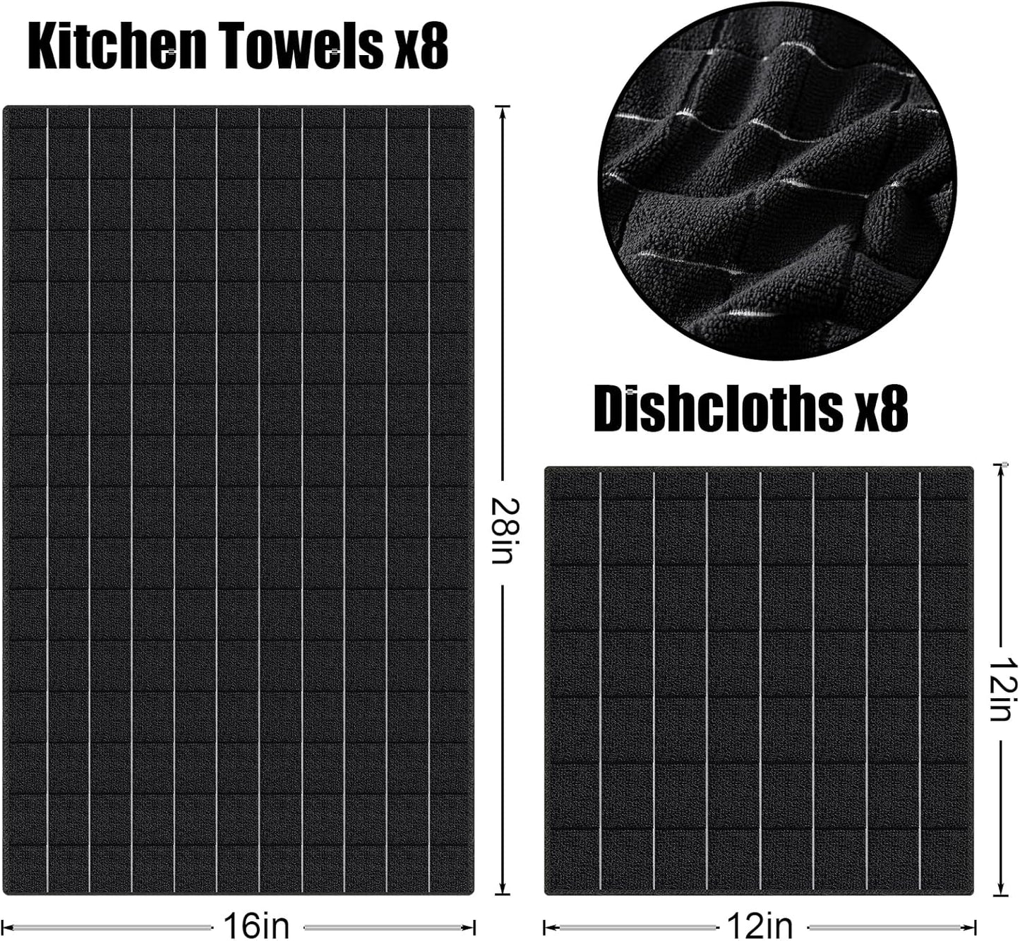 Homaxy Microfiber Kitchen Towels and Dishcloths Set, 16 Pack Soft and Absorbent Dish Hand Towels Bulk, 28 x 16 Inch & 12 x 12 Inch Quick Drying Rags for Washing Dishes, Grey